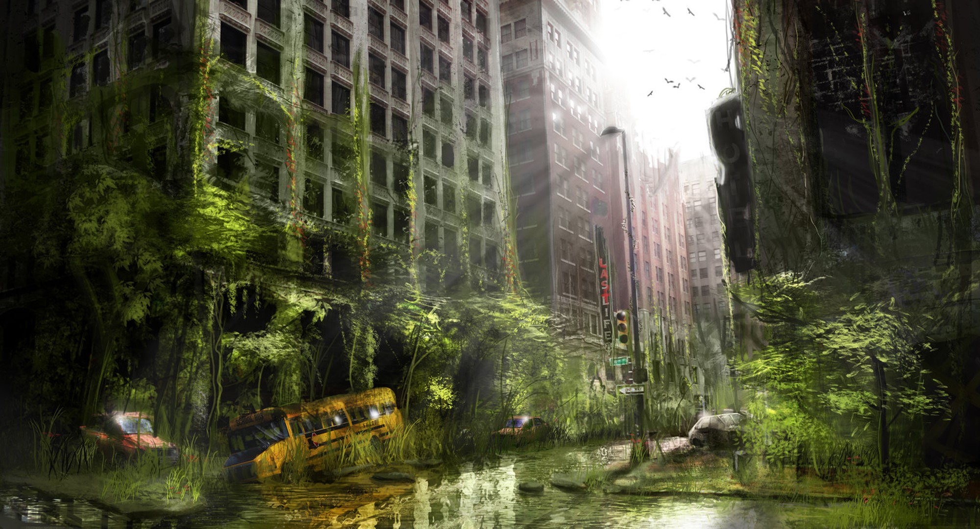 Apocalyptic city overgrown with plants and abandoned vehicles HD Wallpaper