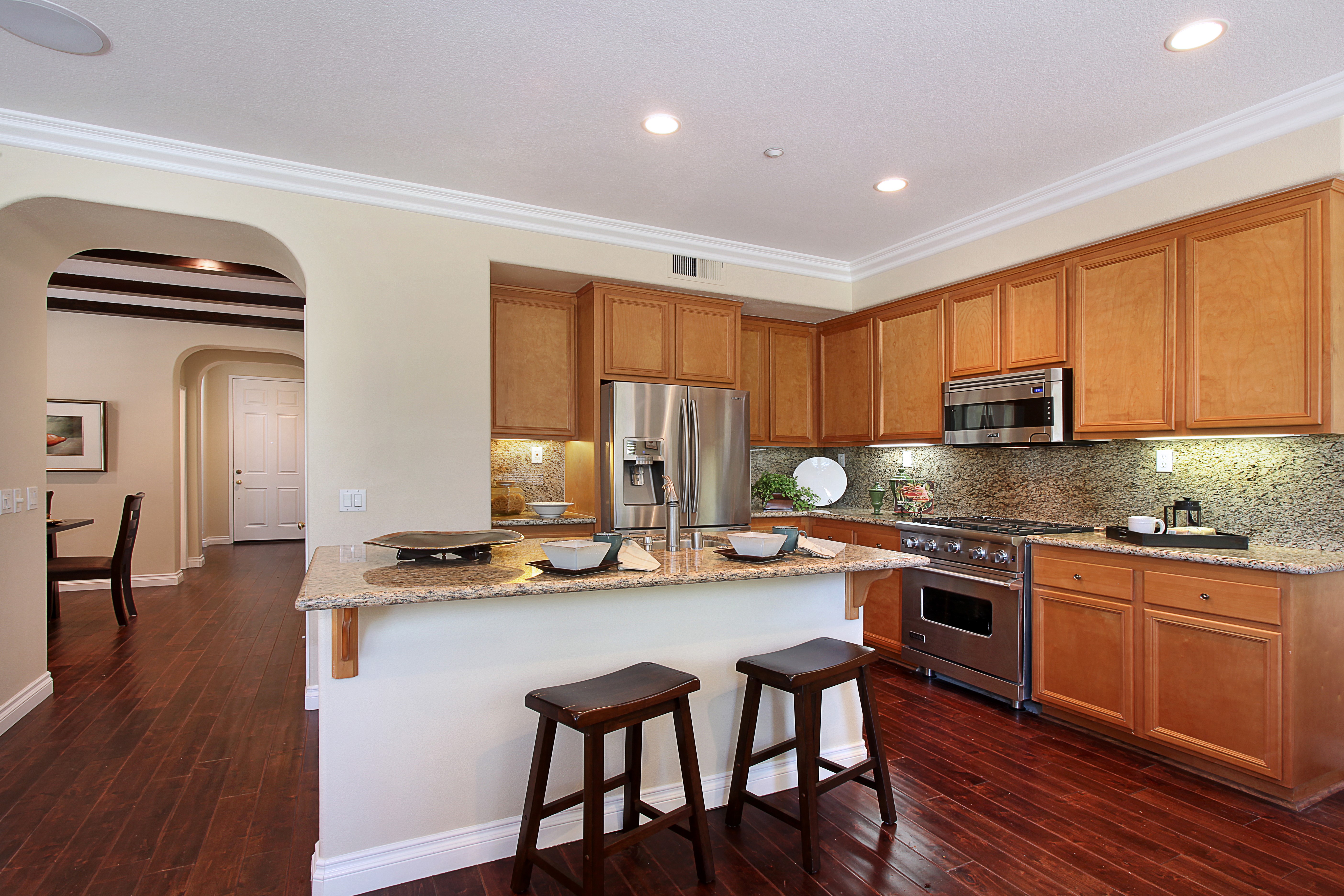Kitchen Interior Design with Island and Stools HD Wallpaper