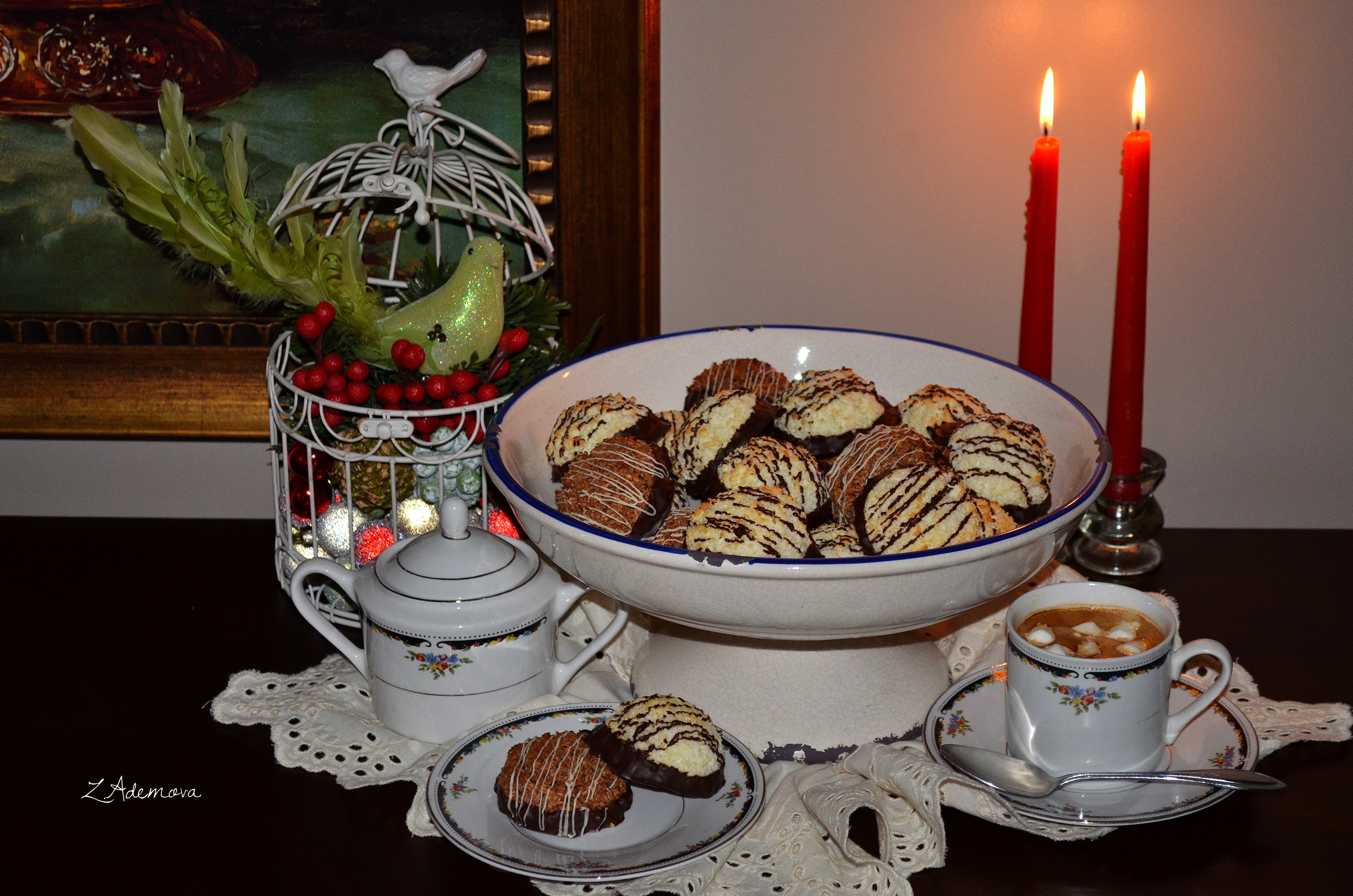 Cookies and coffee with candles HD Wallpaper