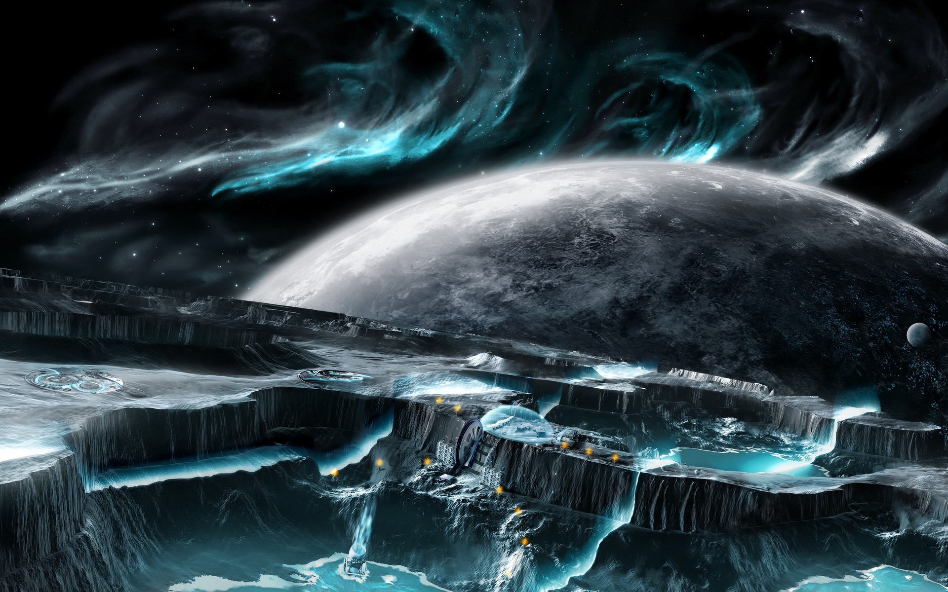 Alien planet surface with glowing water and a large moon HD Wallpaper
