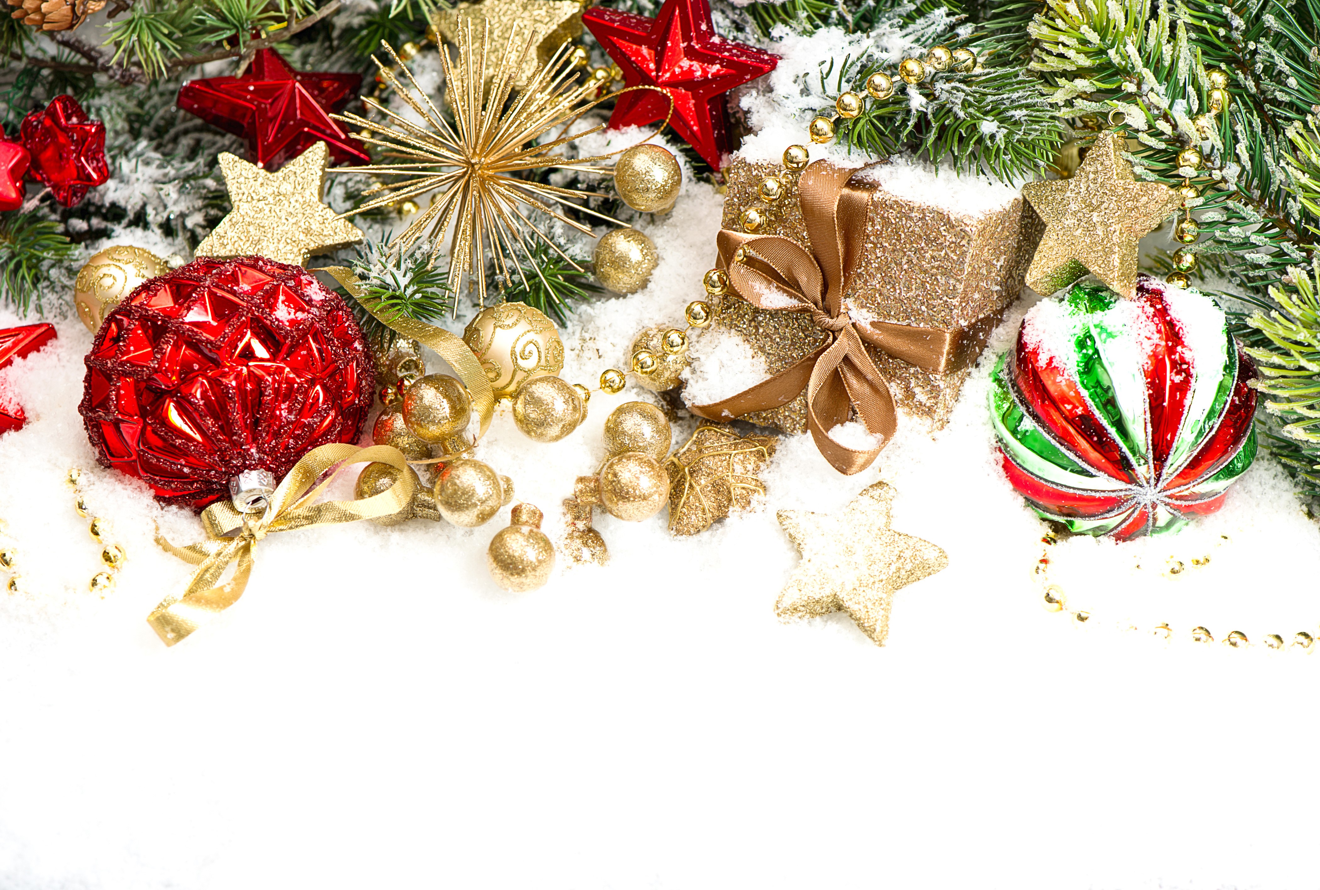 Christmas ornaments and decorations on snow HD Wallpaper