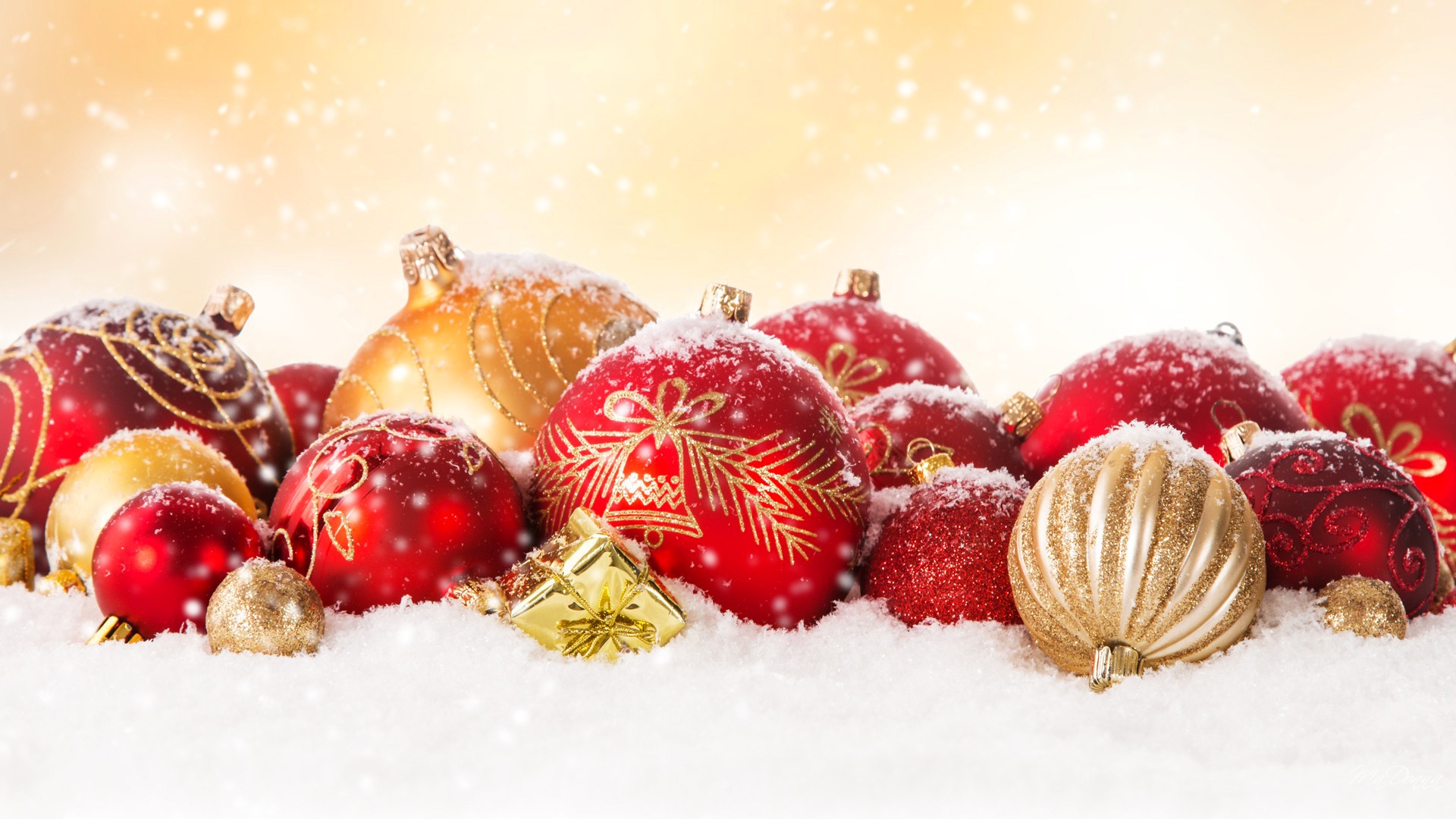 Christmas ornaments covered in snow HD Wallpaper