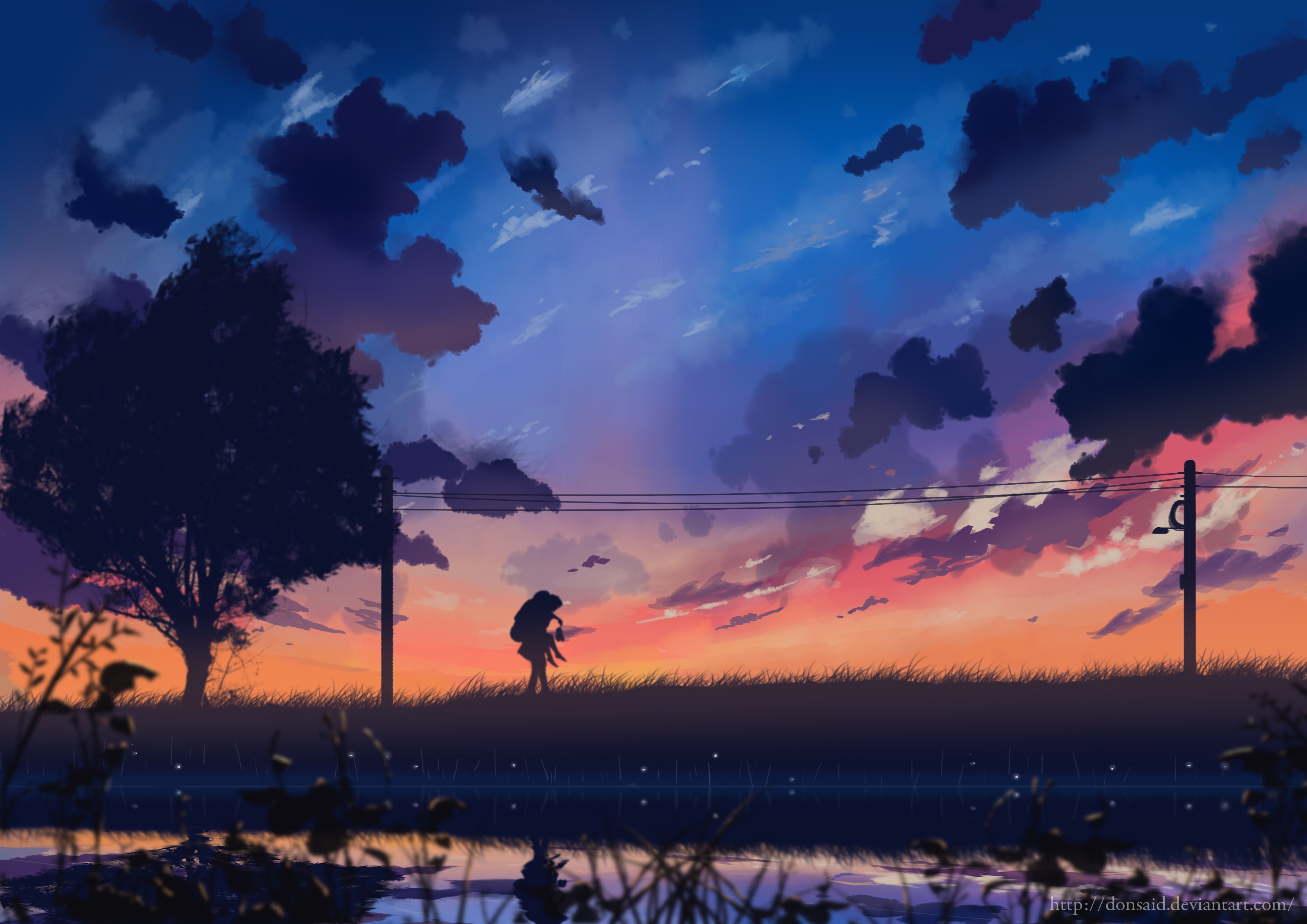 Couple walking at sunset with reflection HD Wallpaper