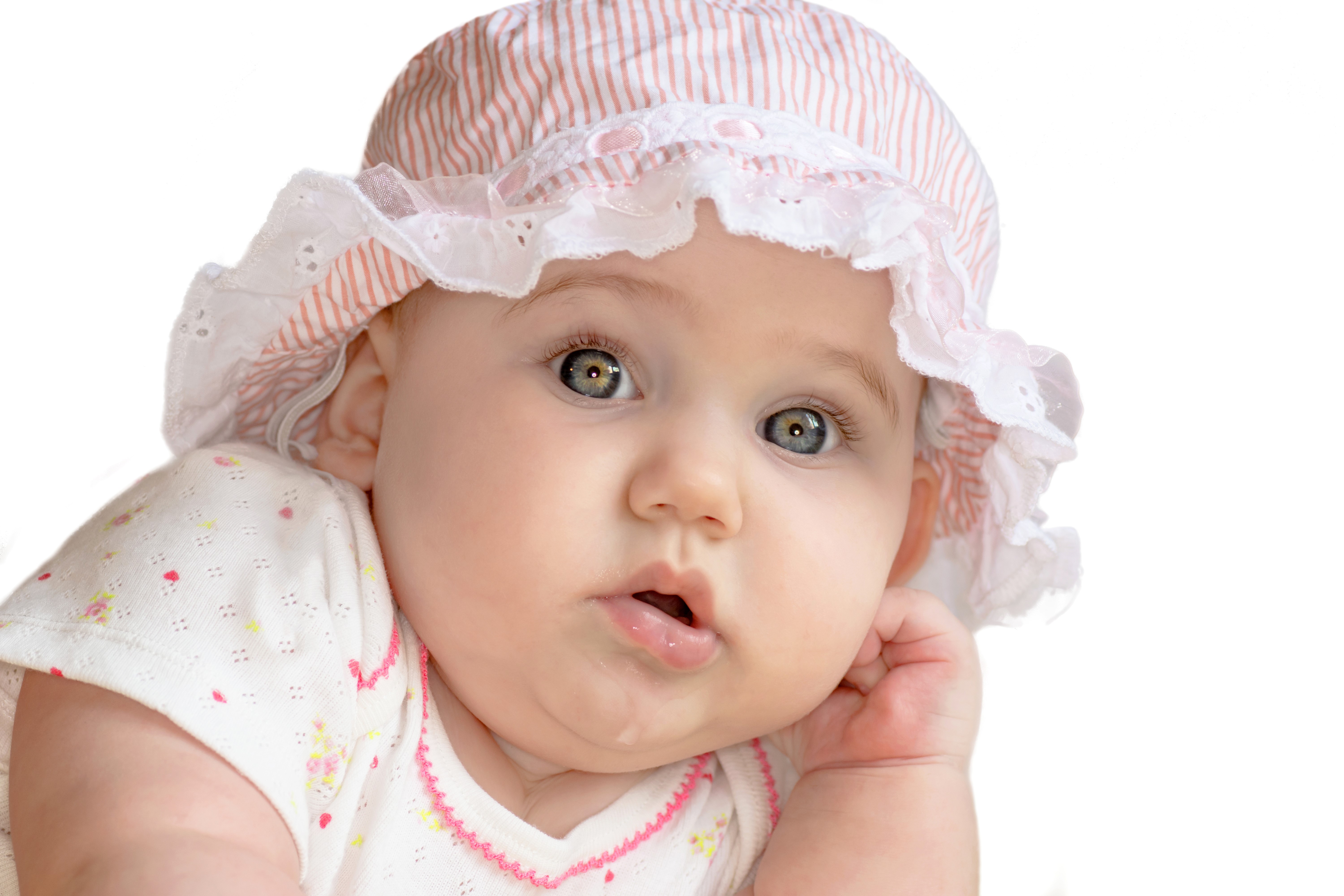 Baby wearing a pink and white striped hat HD Wallpaper