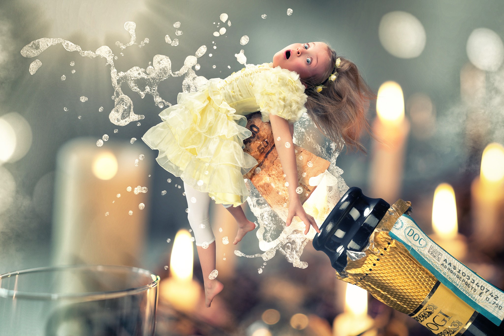 Girl emerging from champagne bottle with water splash HD Wallpaper