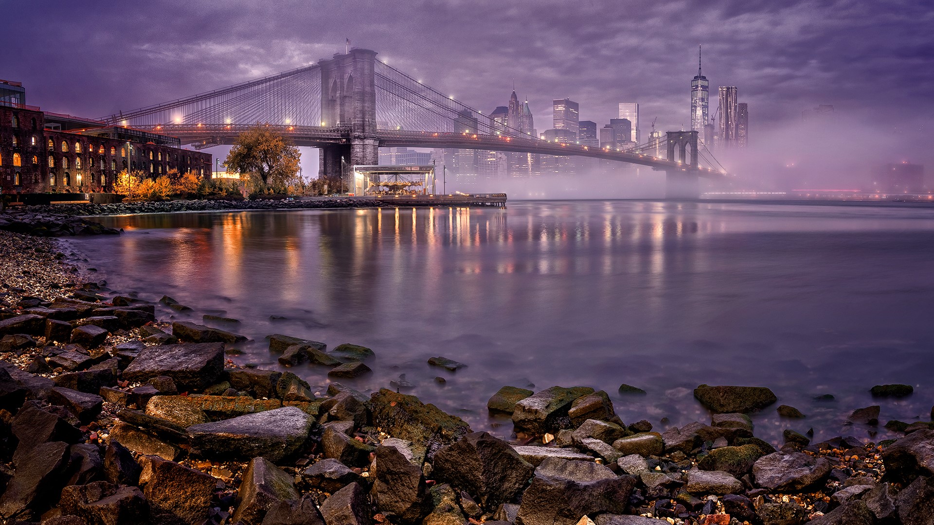 Brooklyn Bridge and Manhattan Skyline at Night HD Wallpaper