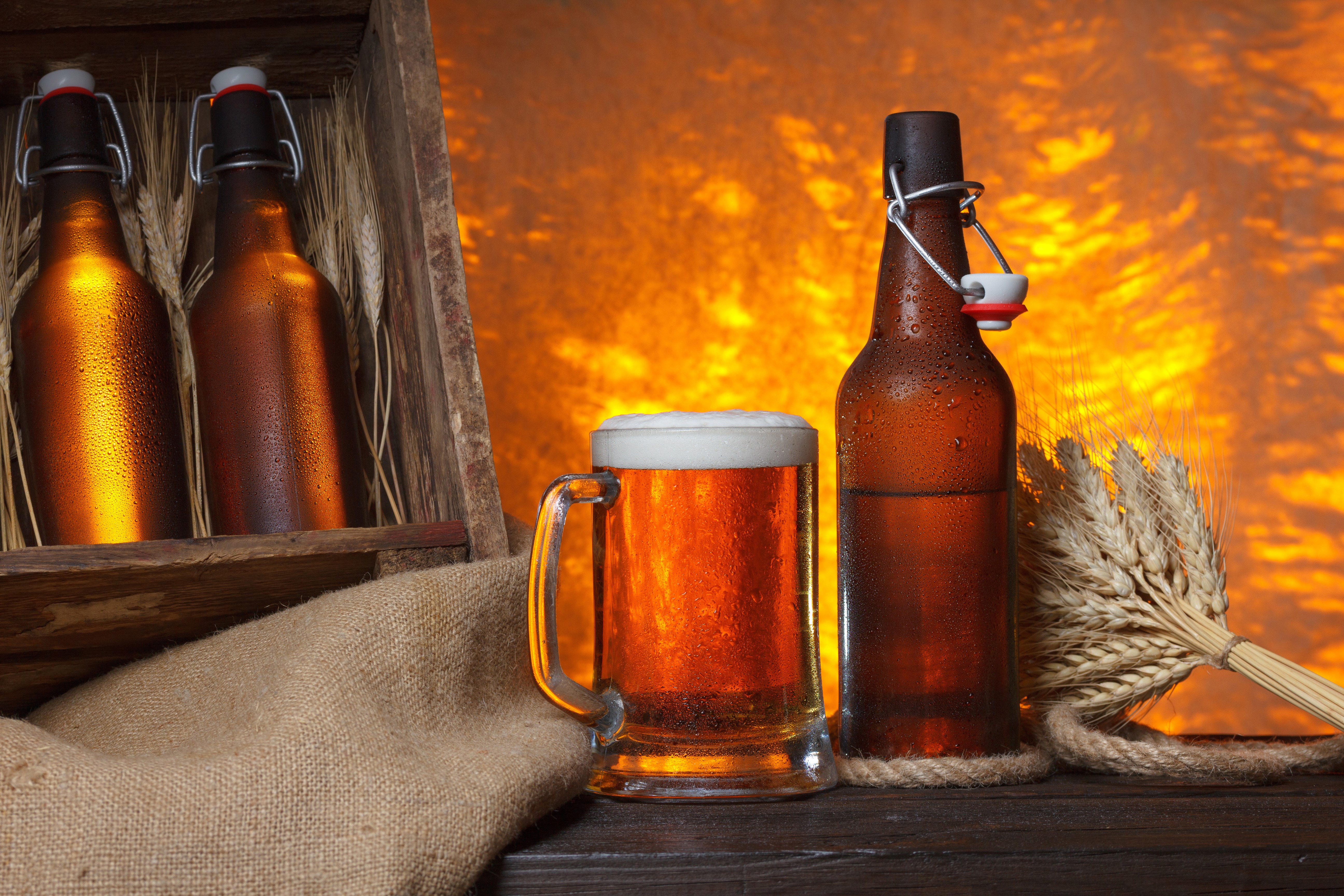 Beer bottles and mug with wheat HD Wallpaper