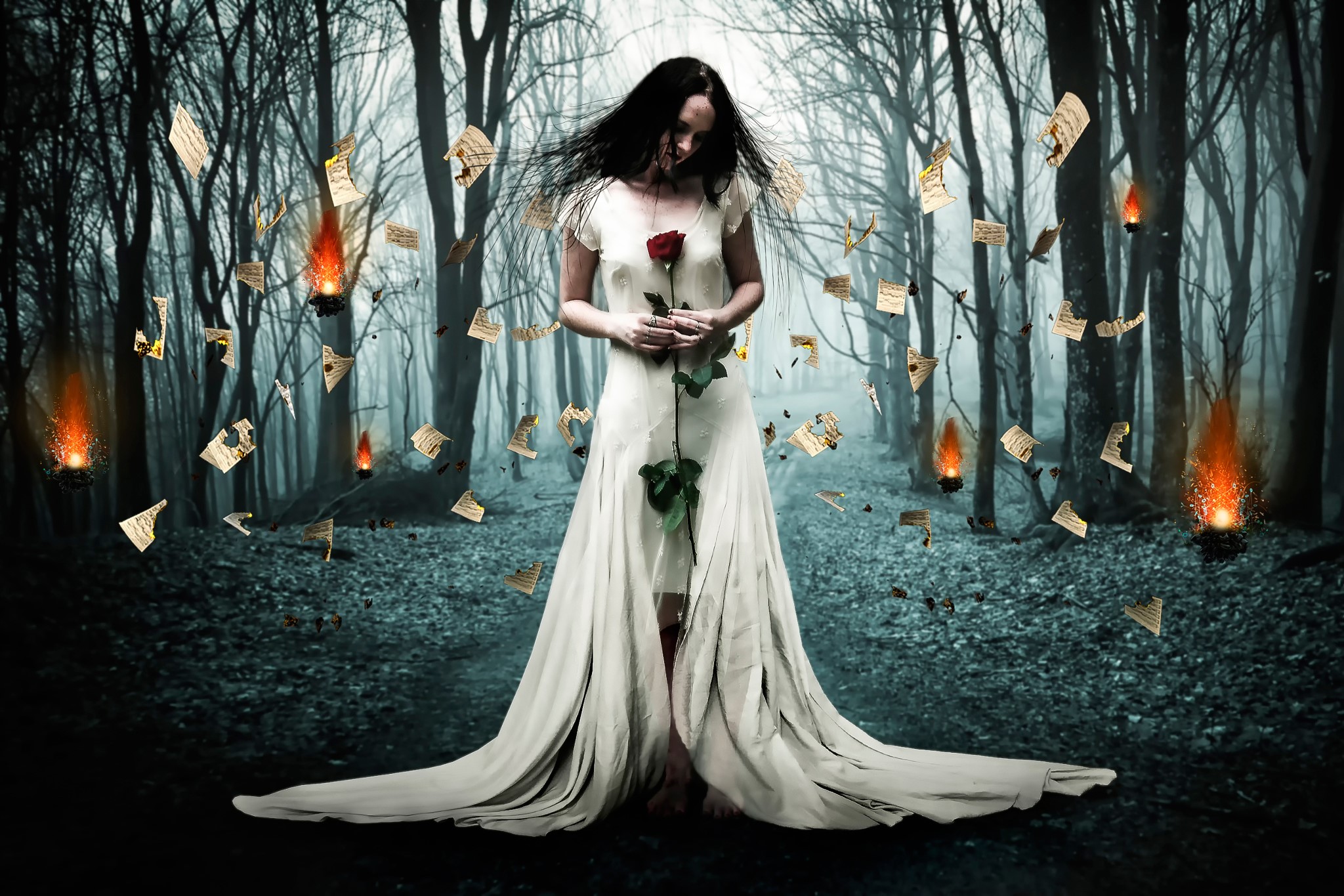 Woman in white dress holding a red rose in a dark forest with burning papers HD Wallpaper