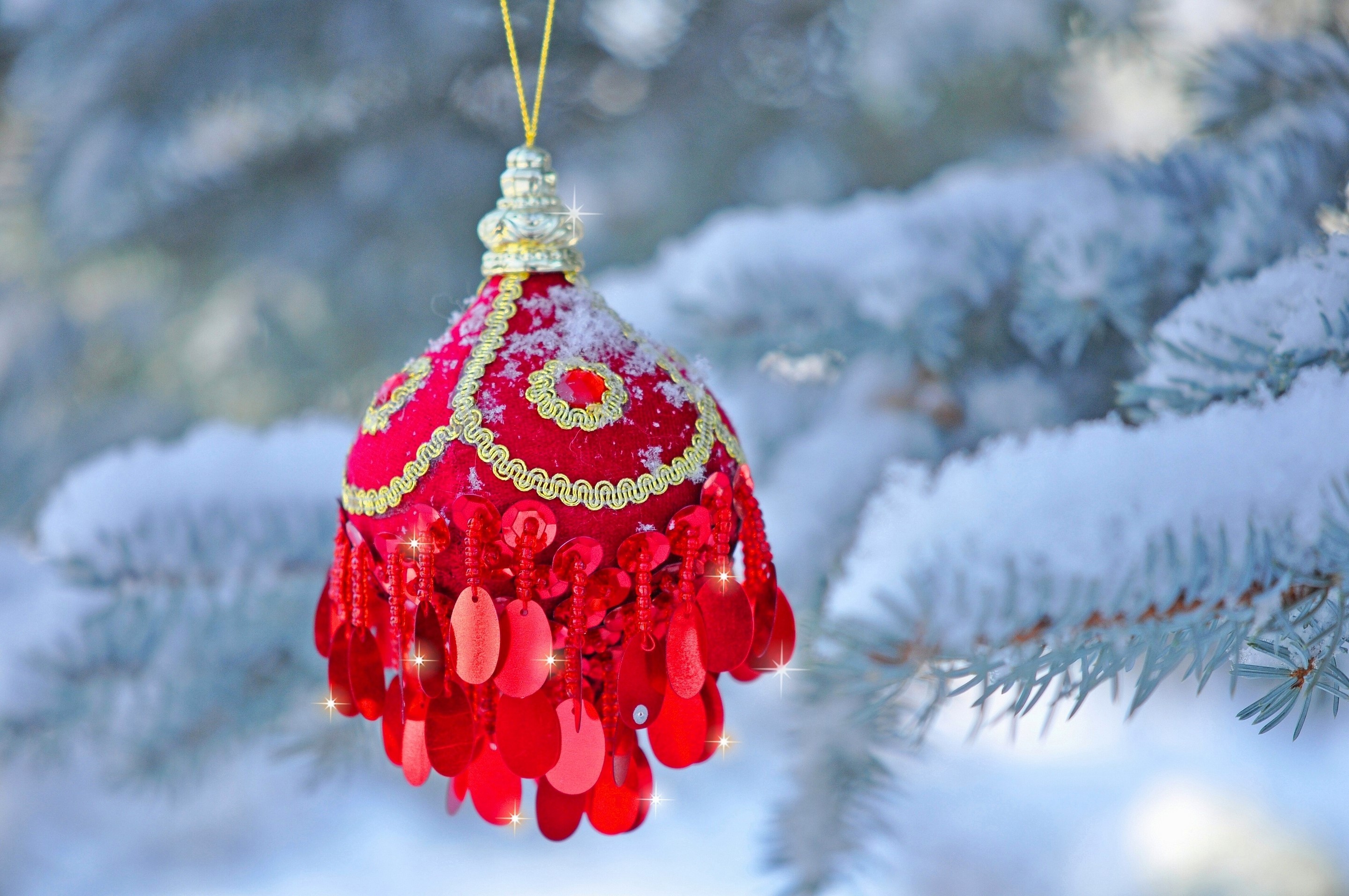 Red Christmas ornament on a snowy pine tree HD Wallpaper