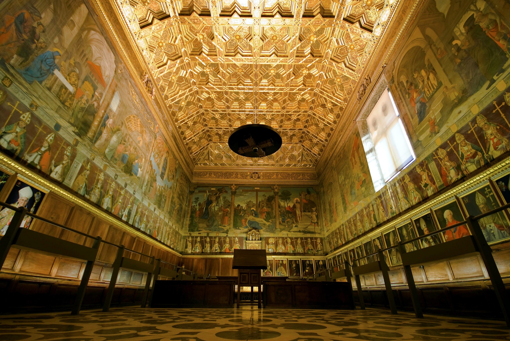 Interior of a grand hall with ornate ceiling and murals HD Wallpaper
