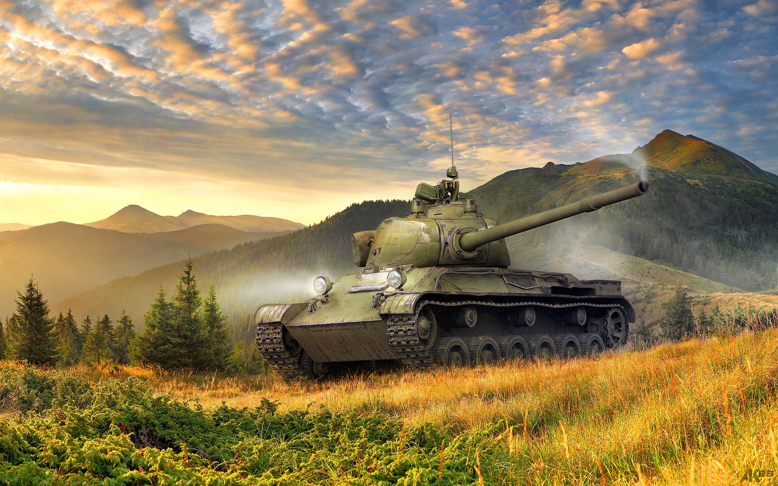 Green tank in a mountain landscape at sunset HD Wallpaper