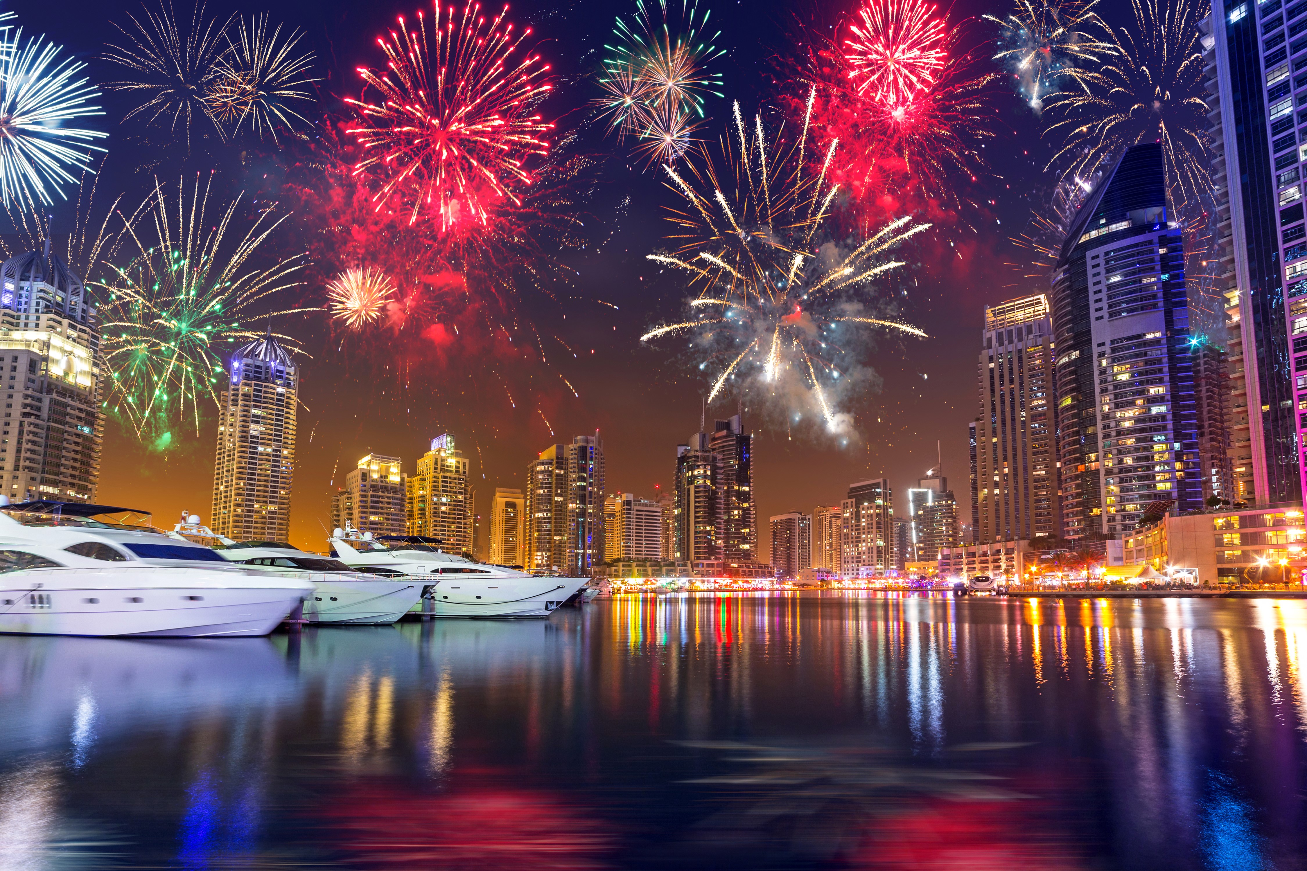 Dubai Marinas with Fireworks HD Wallpaper