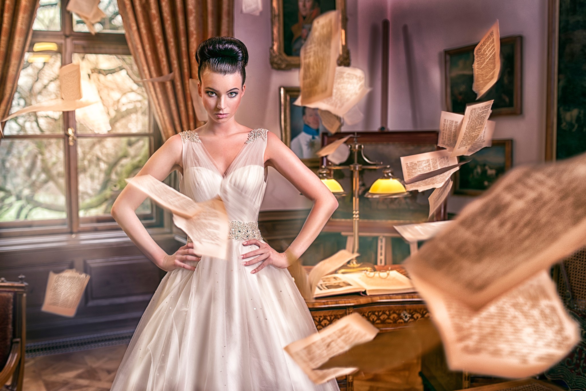 Woman in wedding dress with flying papers HD Wallpaper