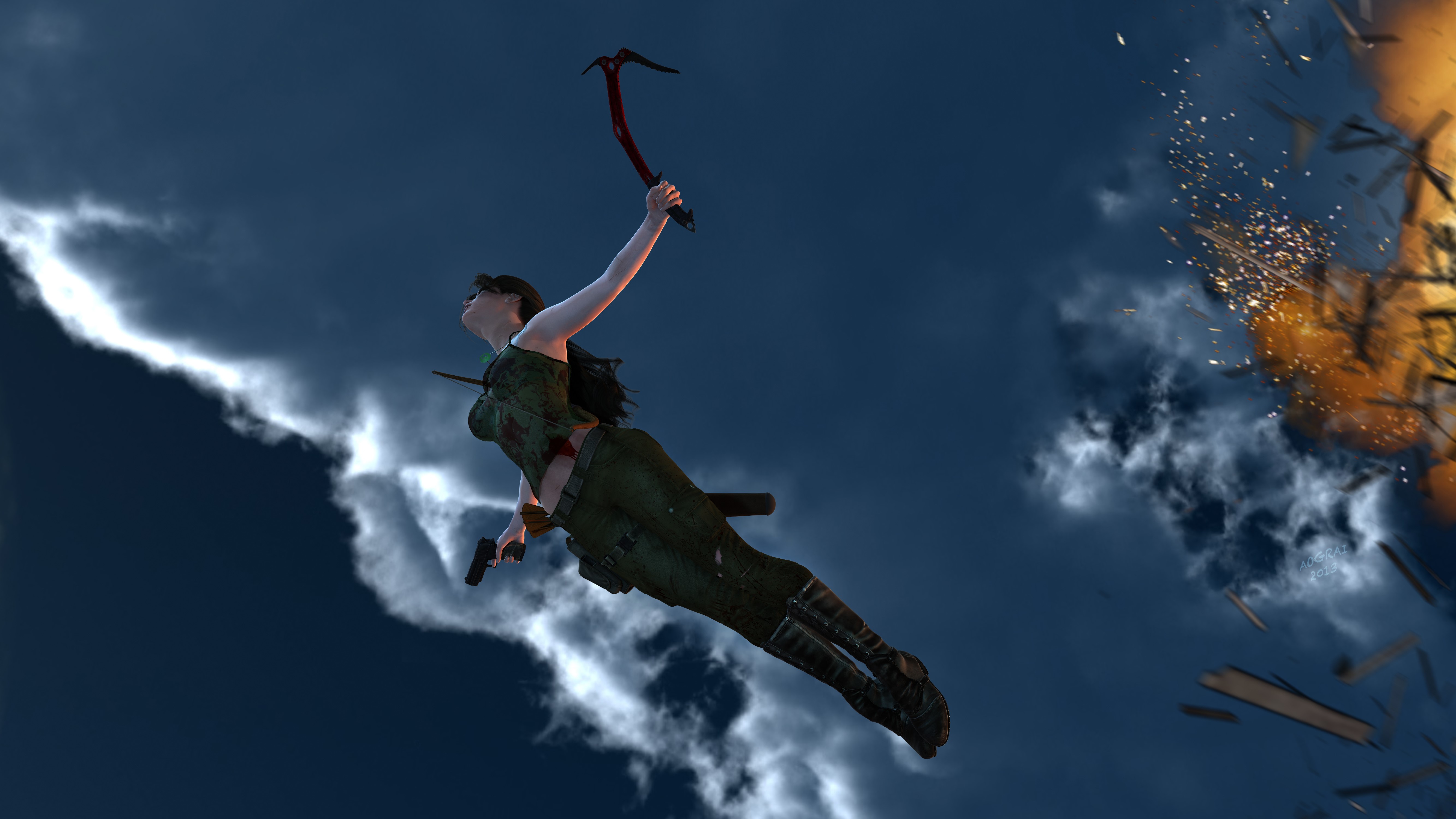 Lara Croft from Tomb Raider jumping with ice axe and gun HD Wallpaper
