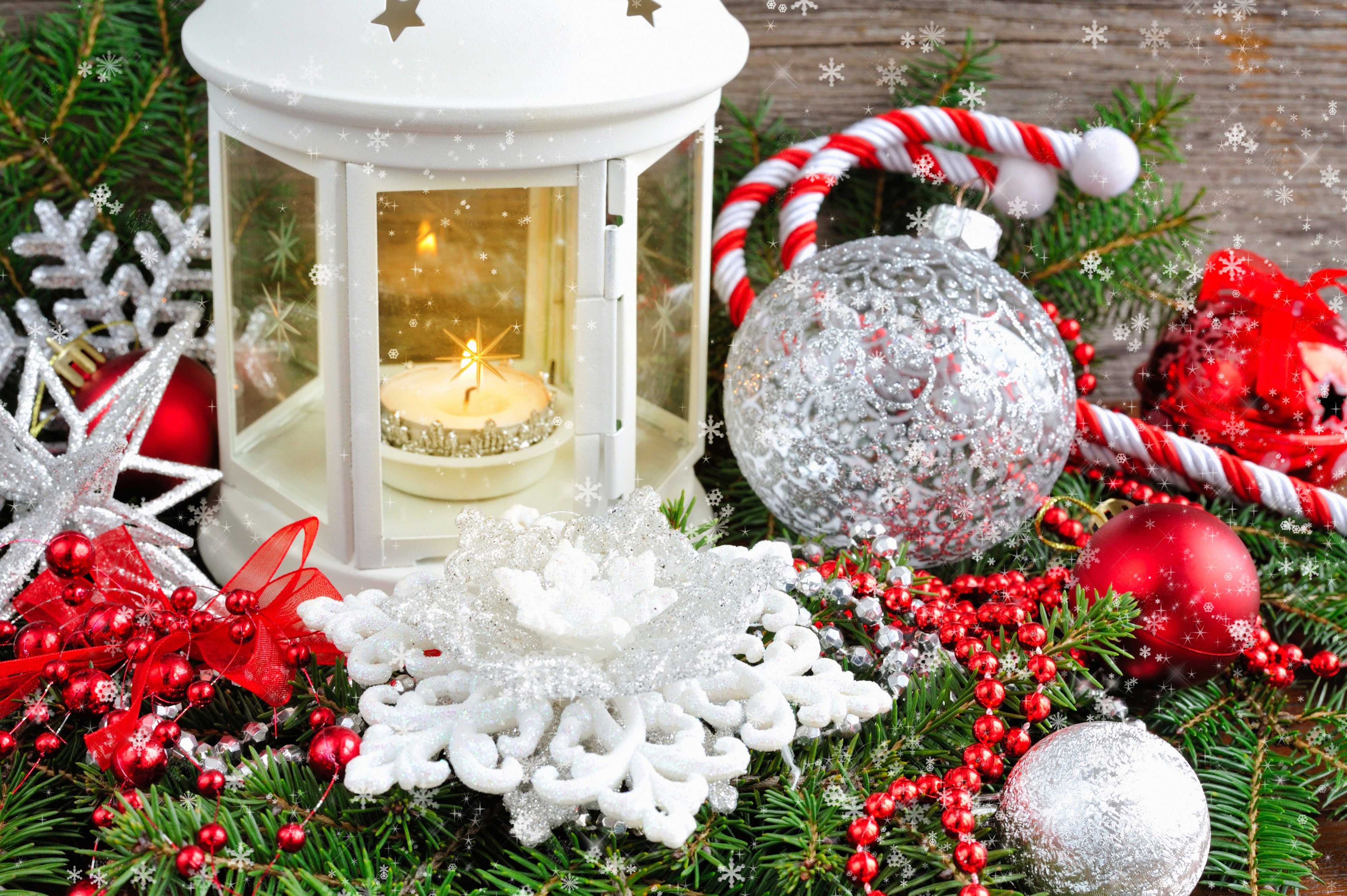 Christmas Lantern with Ornaments and Pine Branches HD Wallpaper