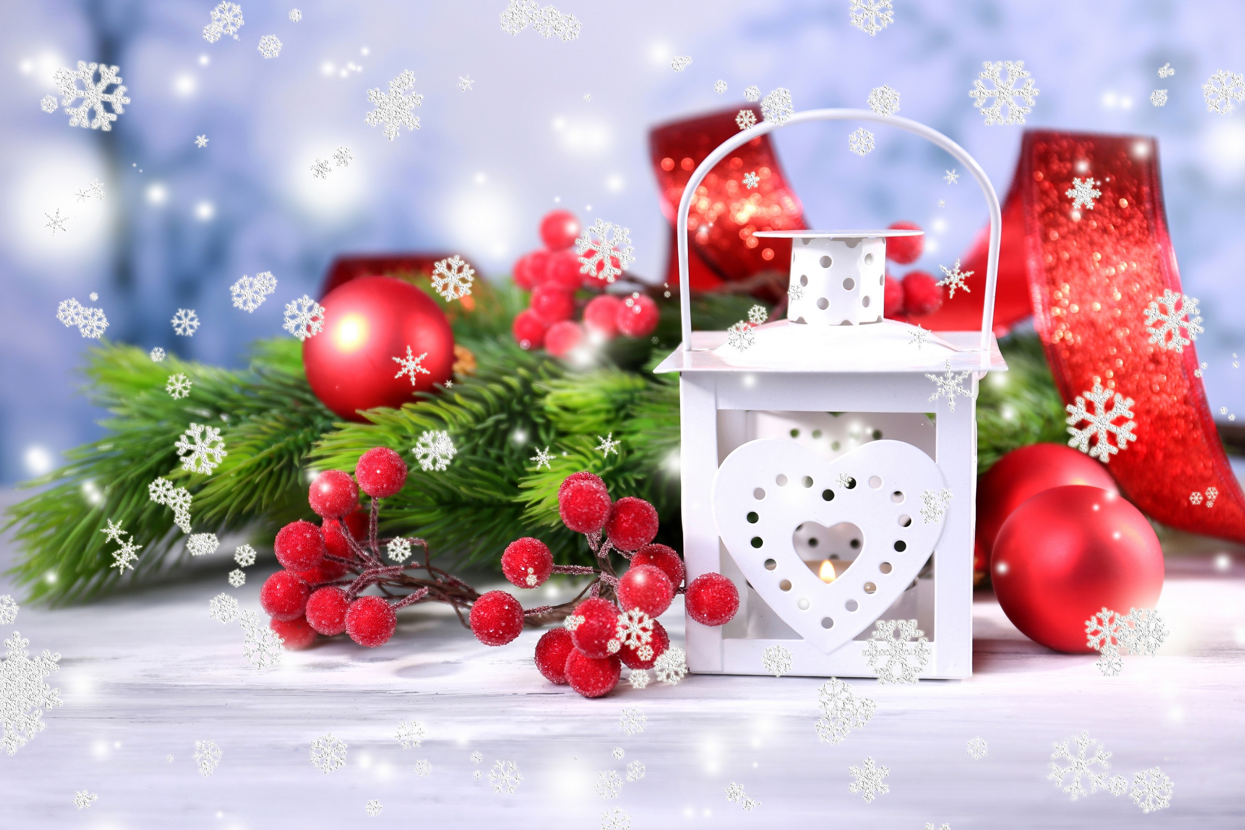 Christmas lantern with ornaments and pine branches HD Wallpaper