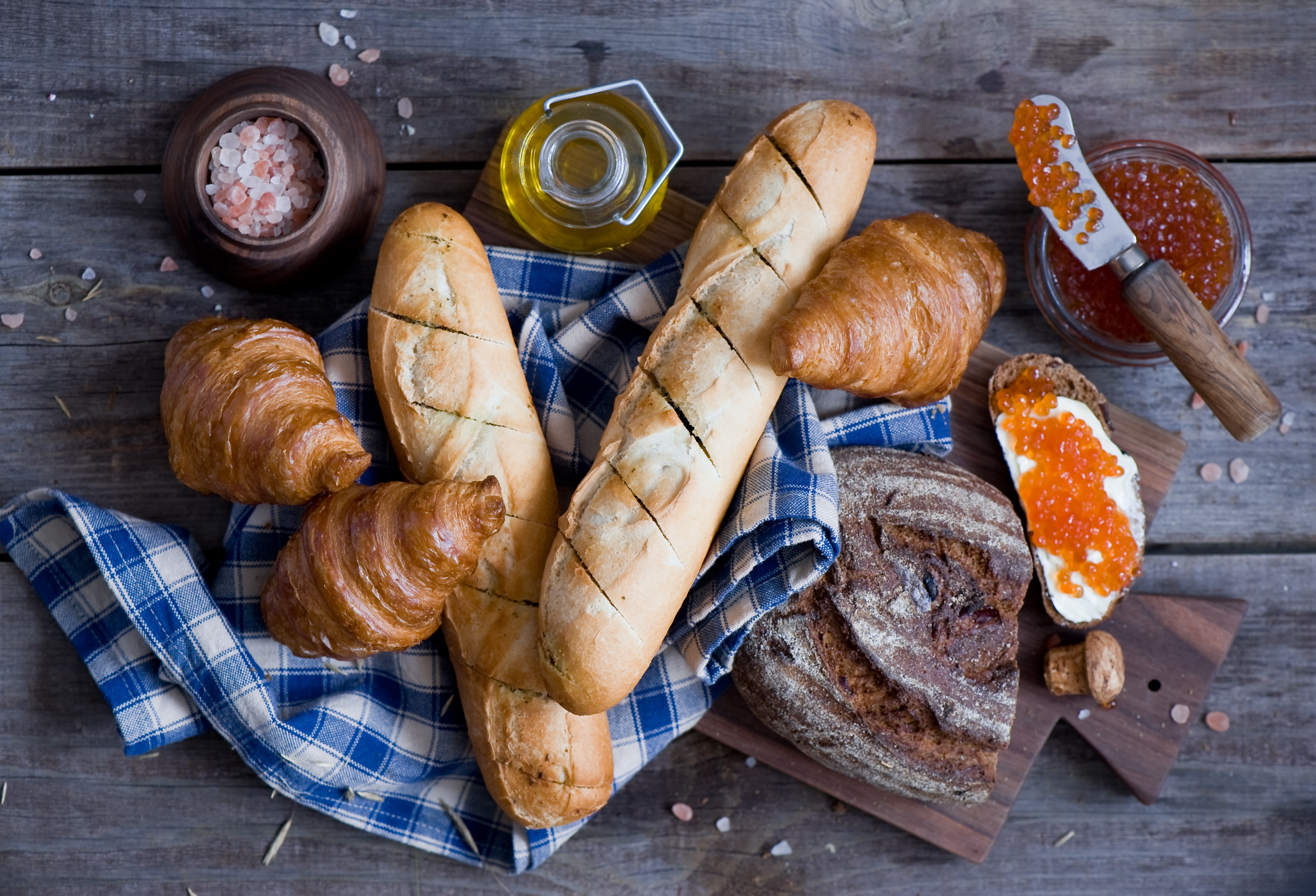Bread, Croissants, Caviar, and Knife HD Wallpaper