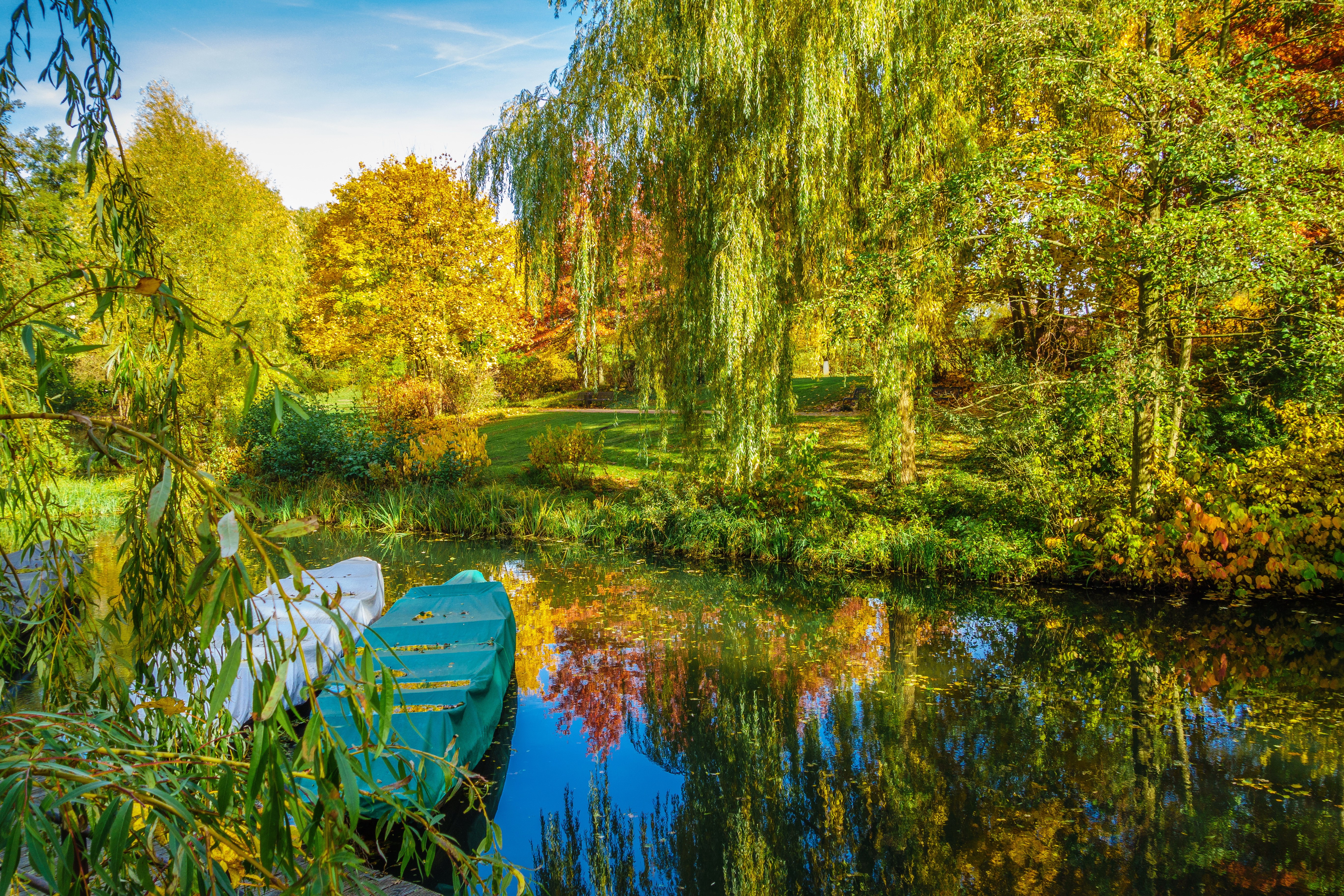 Autumn park with pond and boats HD Wallpaper