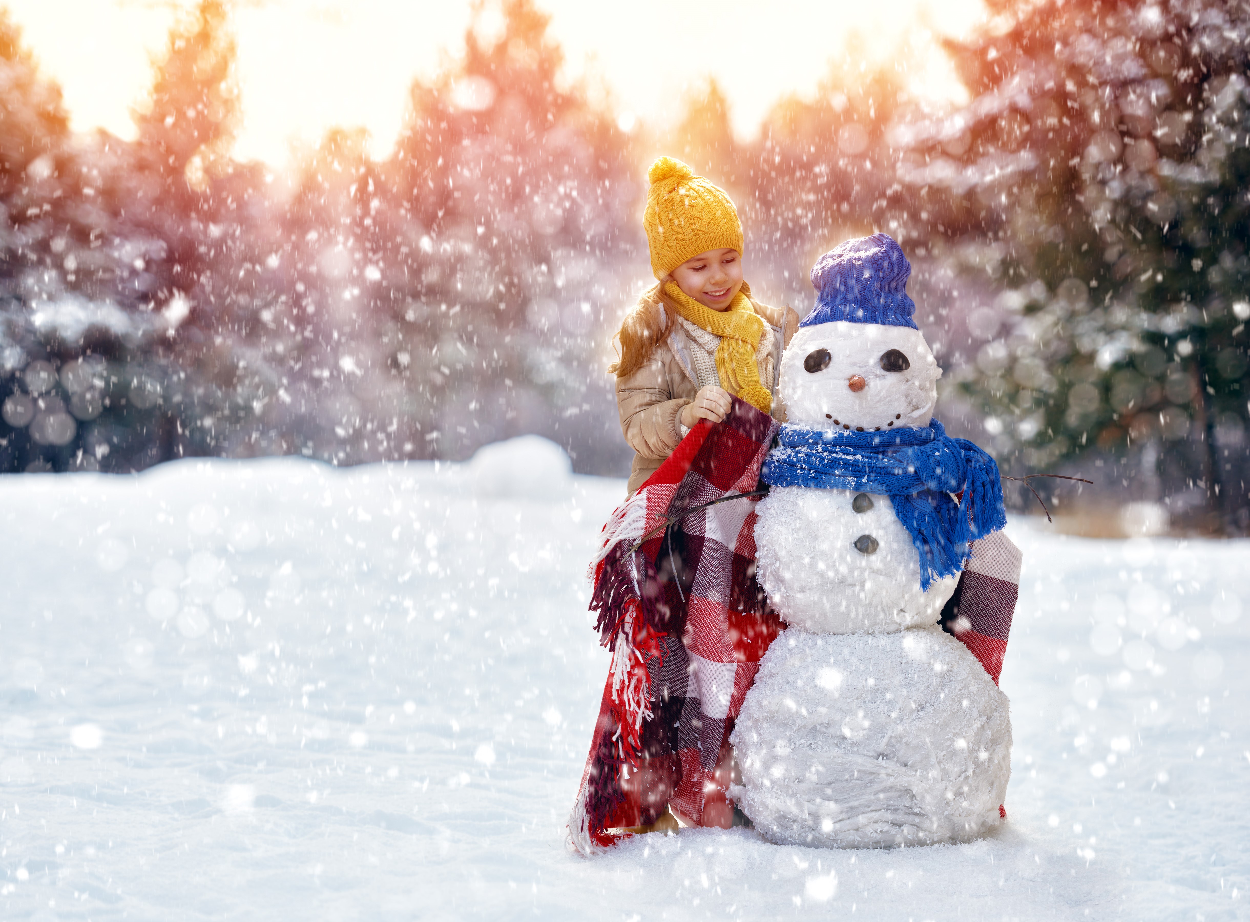 Girl with Snowman in Winter Forest HD Wallpaper