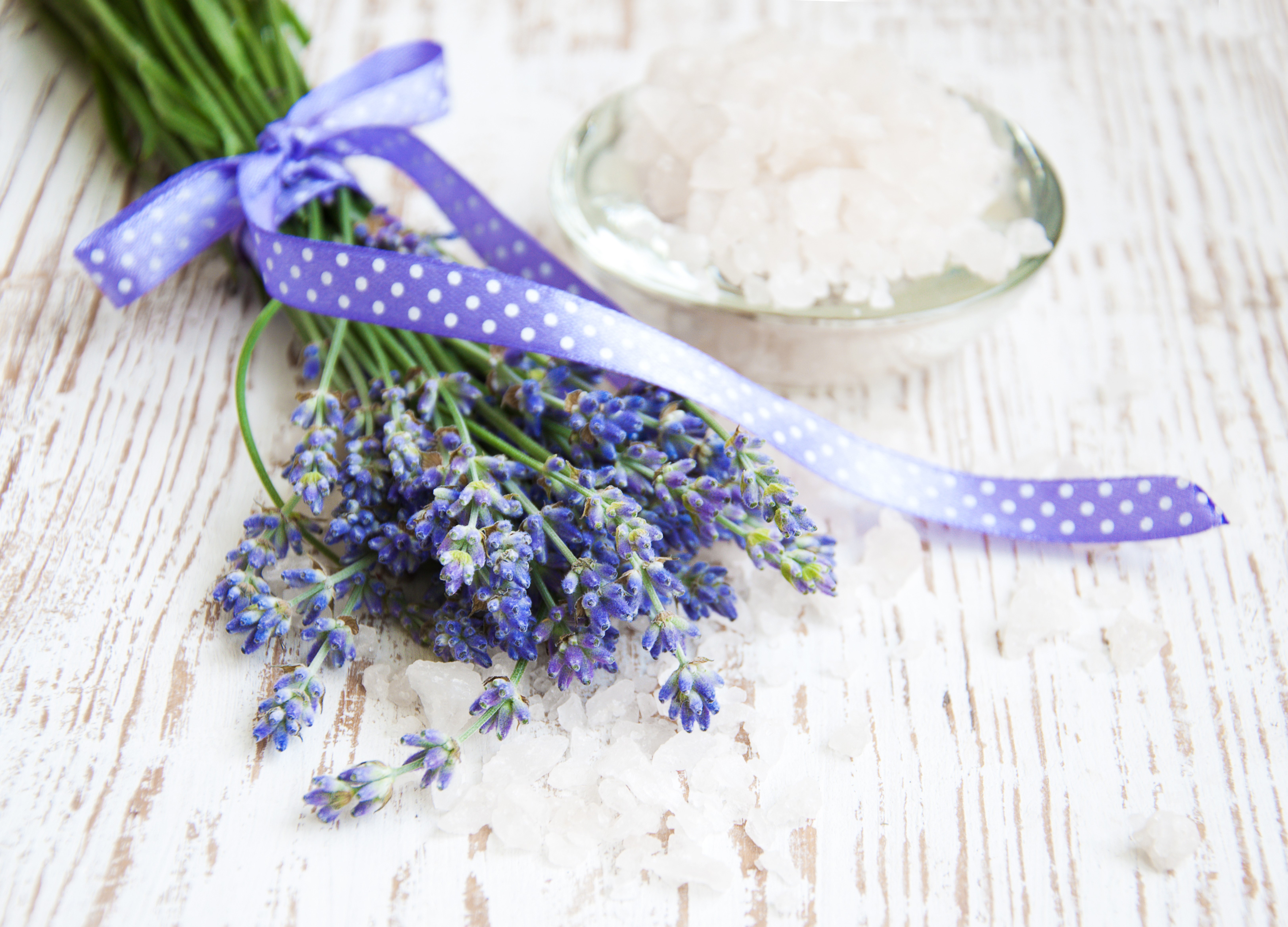 Lavender flowers with salt and ribbon HD Wallpaper