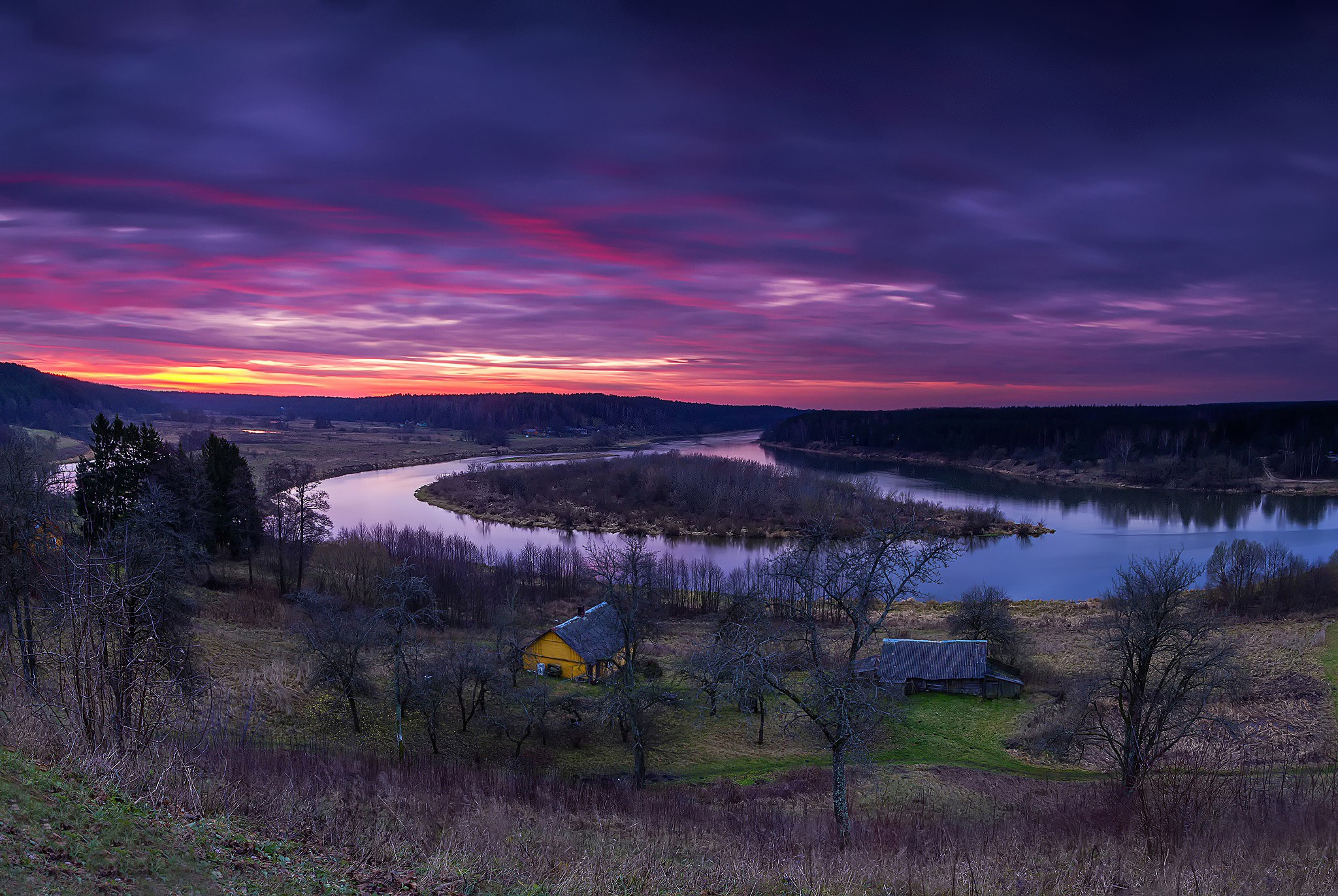 River landscape at sunset in Lithuania HD Wallpaper