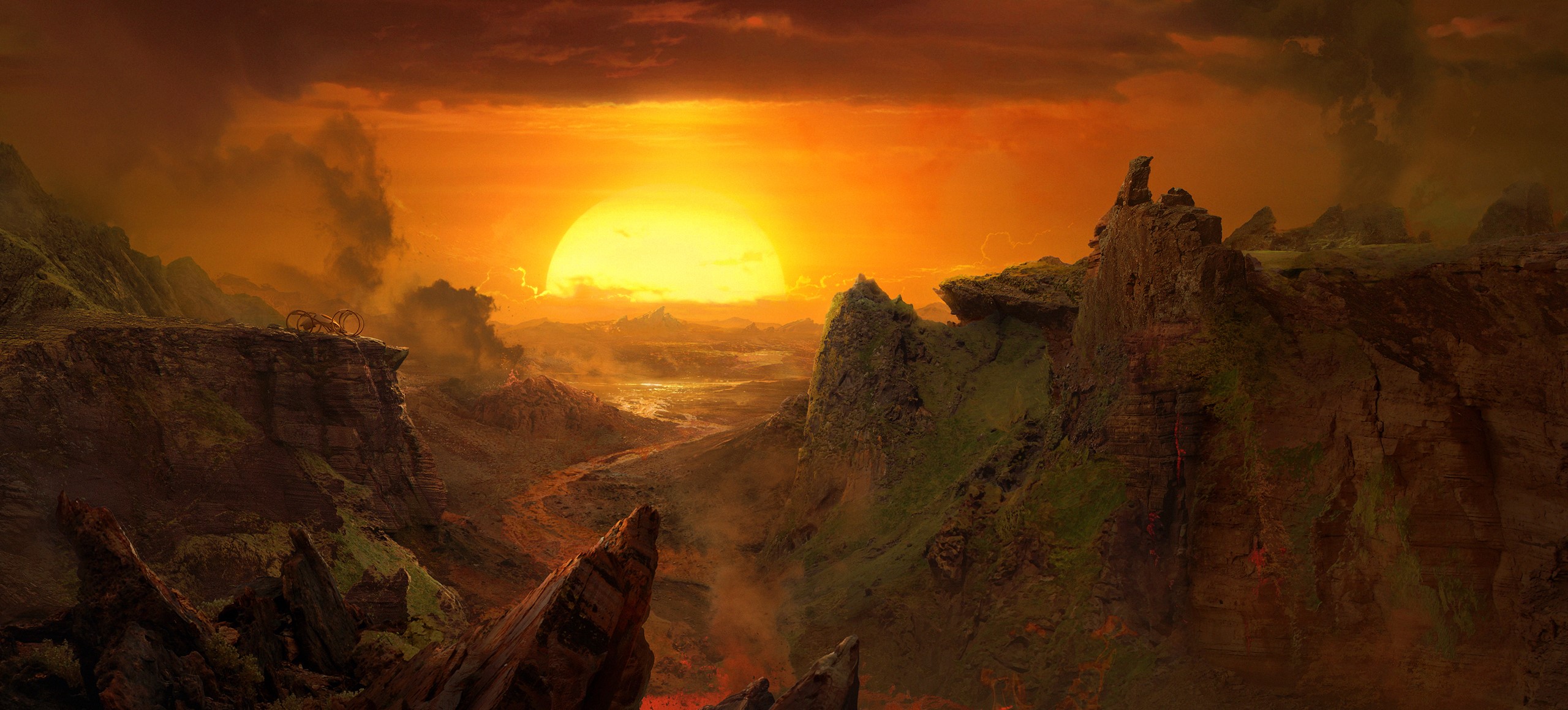 Alien landscape with a large sun and mountains HD Wallpaper