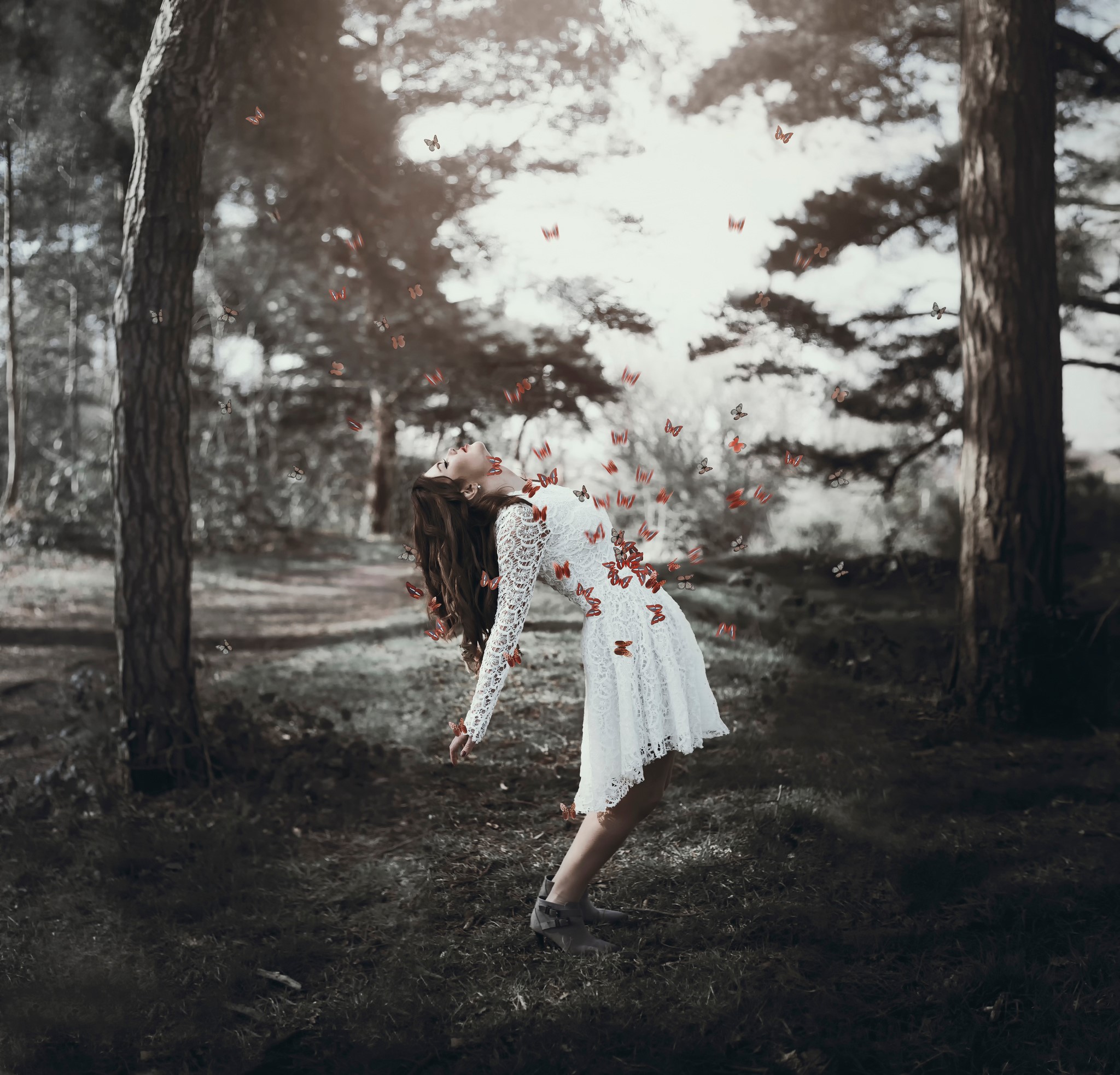 Georgina Walker with butterflies in a forest HD Wallpaper