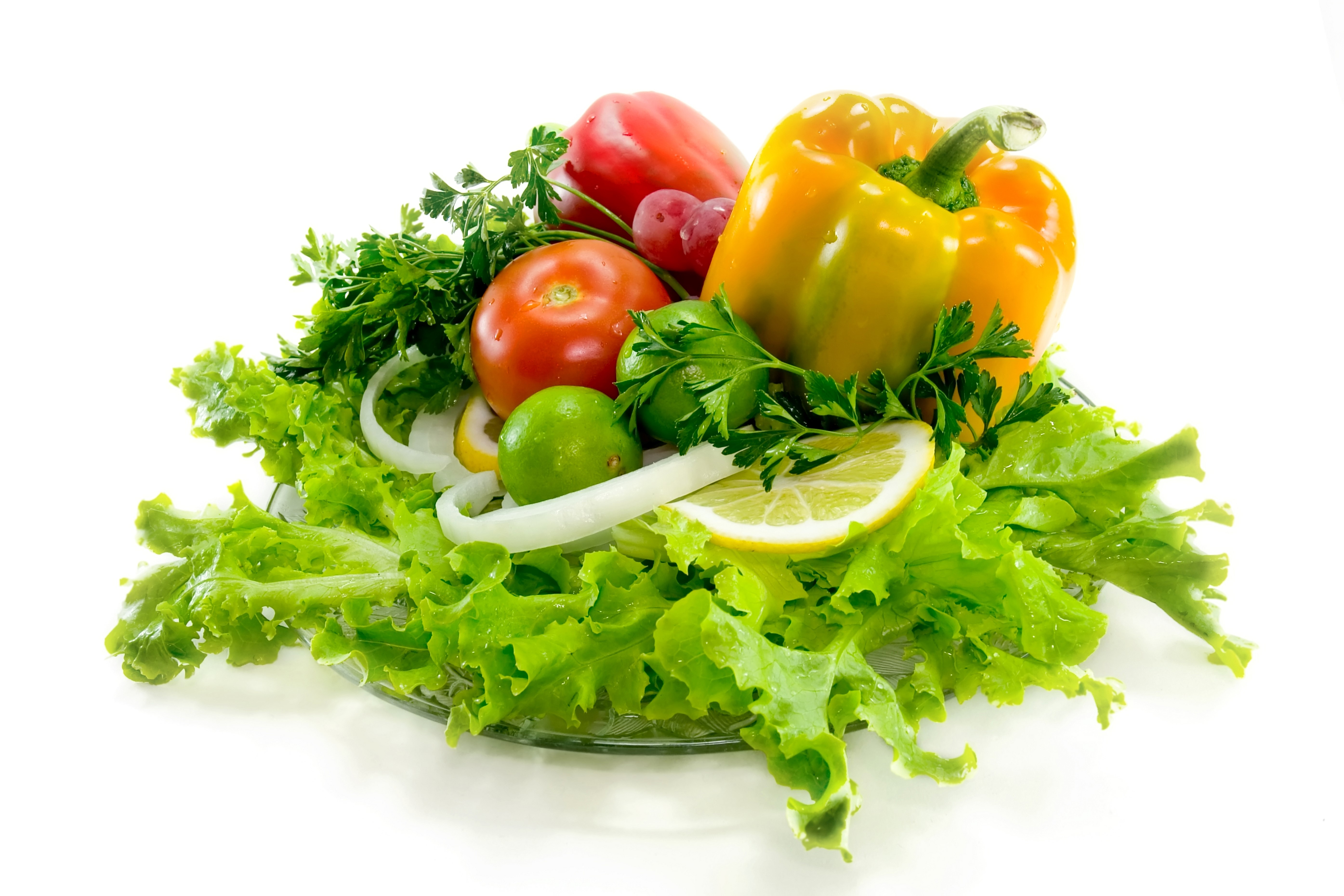Vegetables: Tomatoes, Bell Pepper, Lettuce, Onion, Lemon, Lime, Parsley, Grapes HD Wallpaper