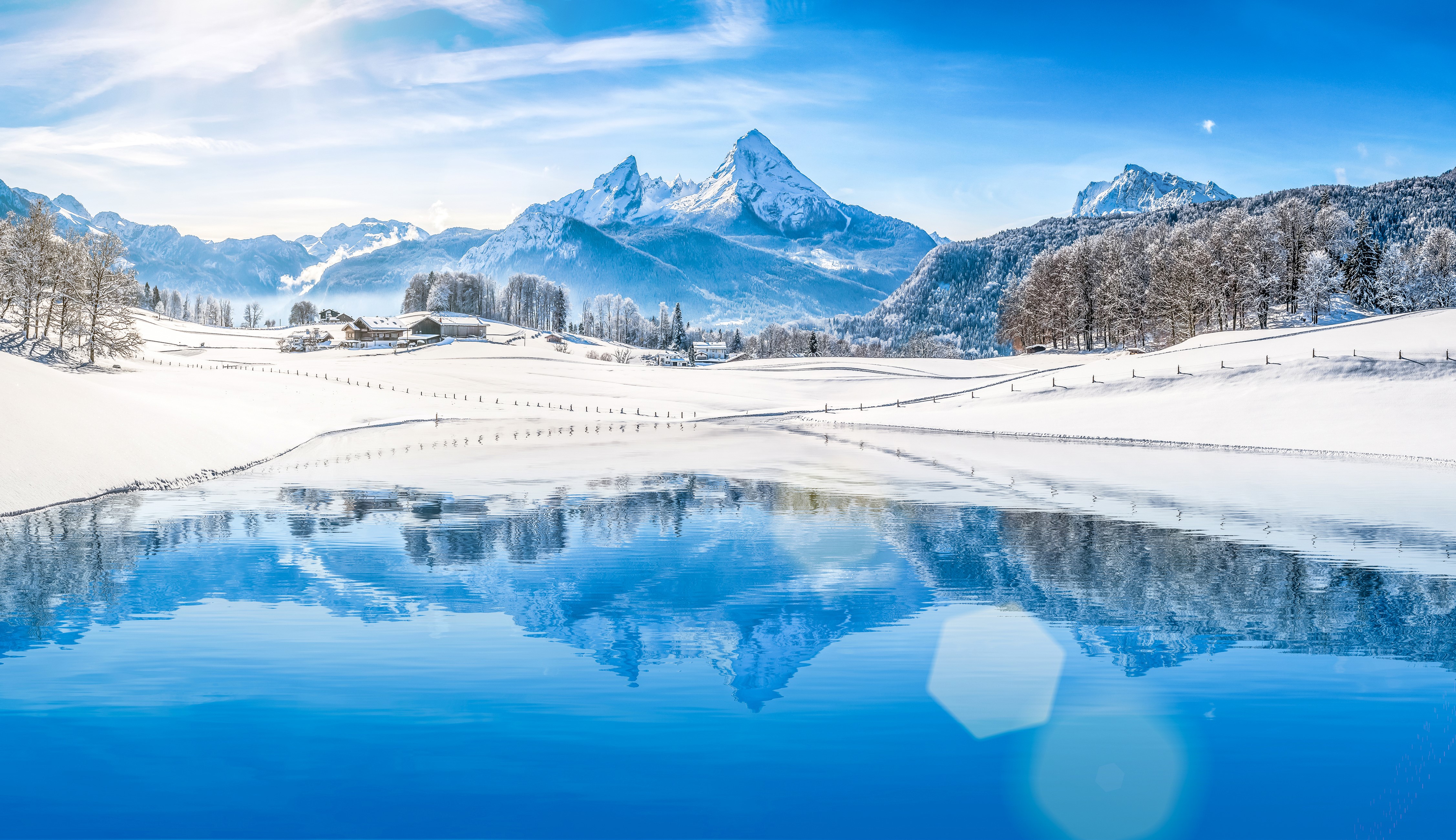 4K Winter Scenery with Snow-Capped Mountains and Lake Reflection HD Wallpaper