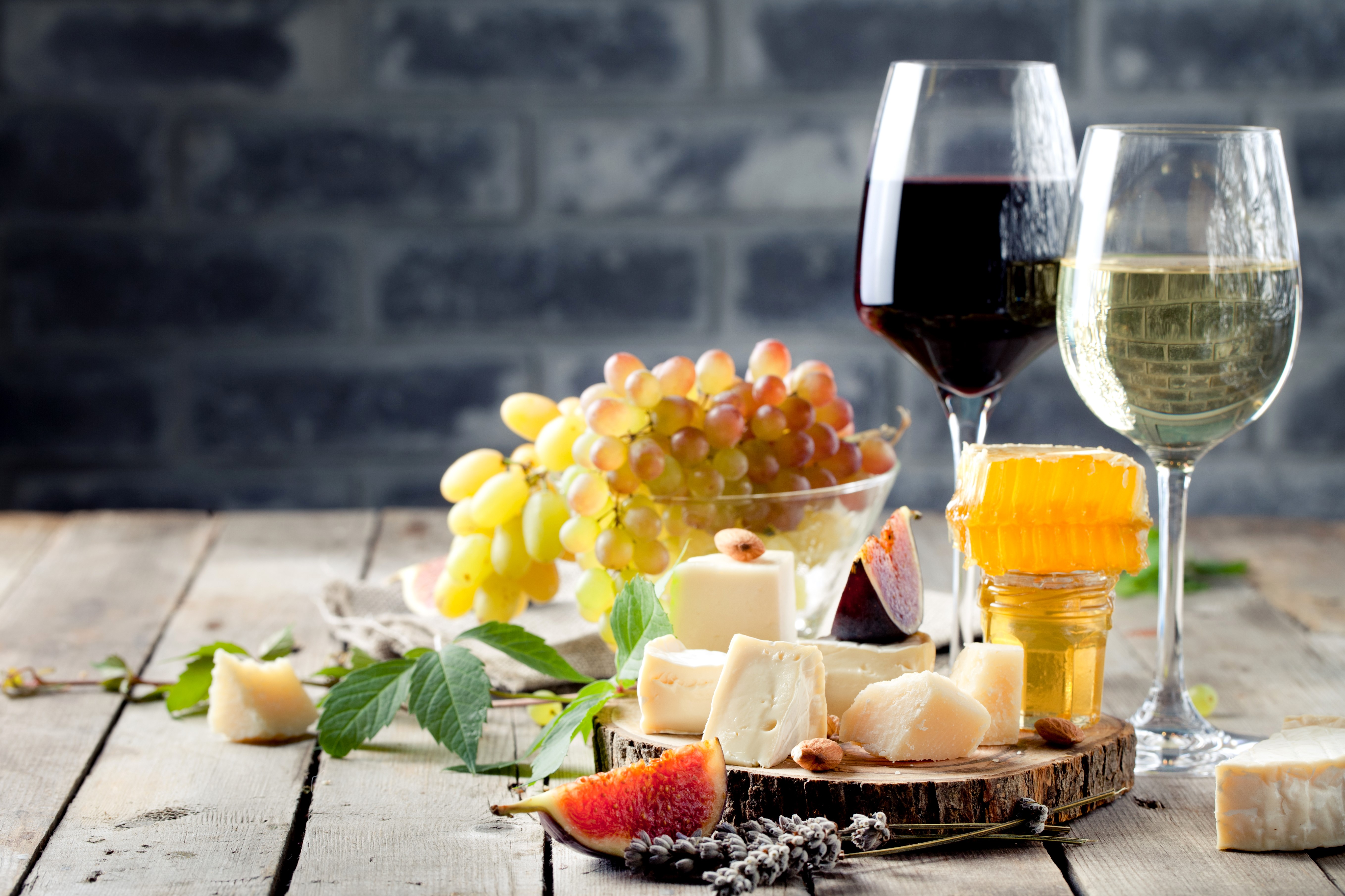Wine, Cheese, Grapes, and Honey Platter HD Wallpaper