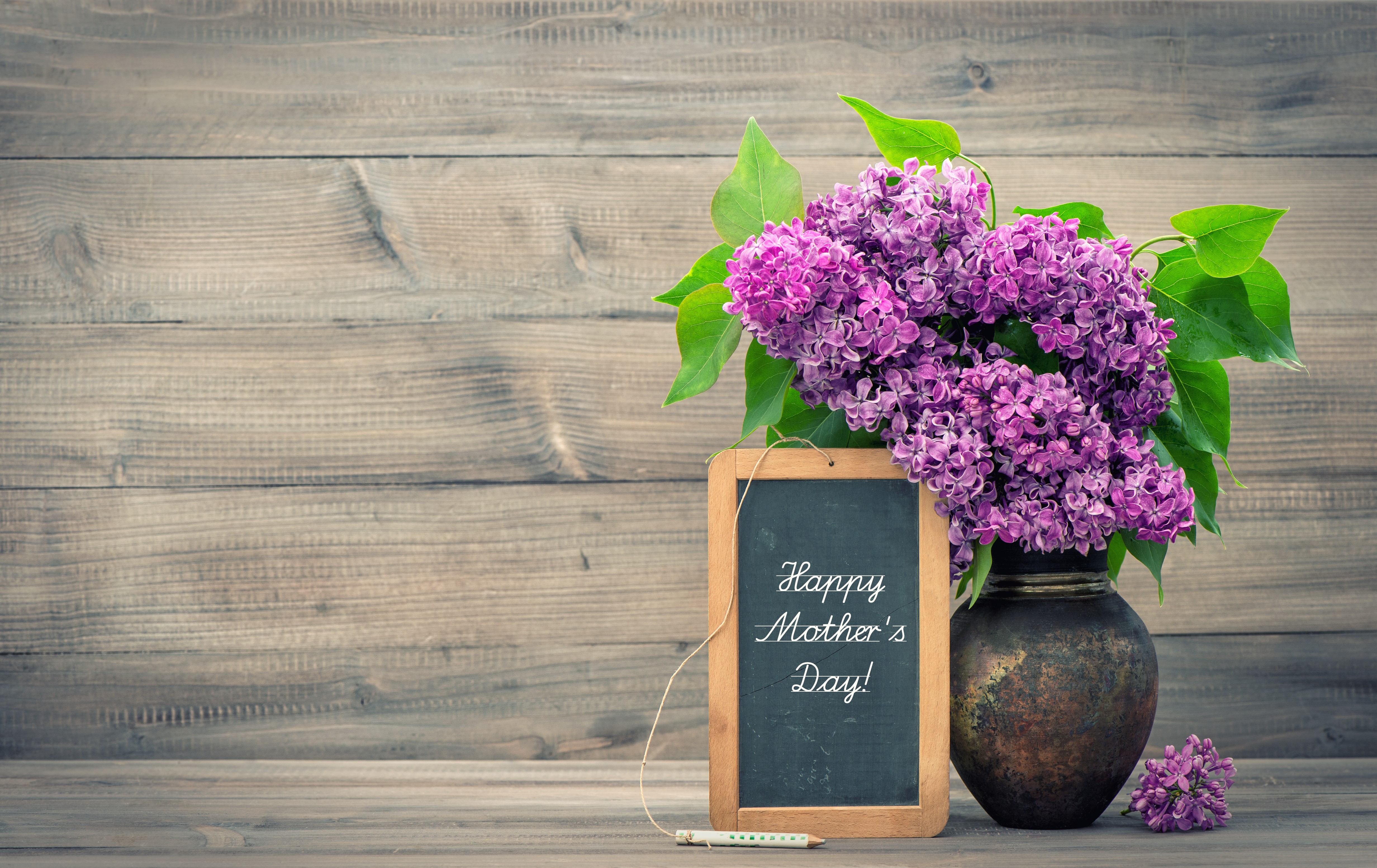 Mother's Day Lilac Bouquet in Vase on Wooden Background HD Wallpaper