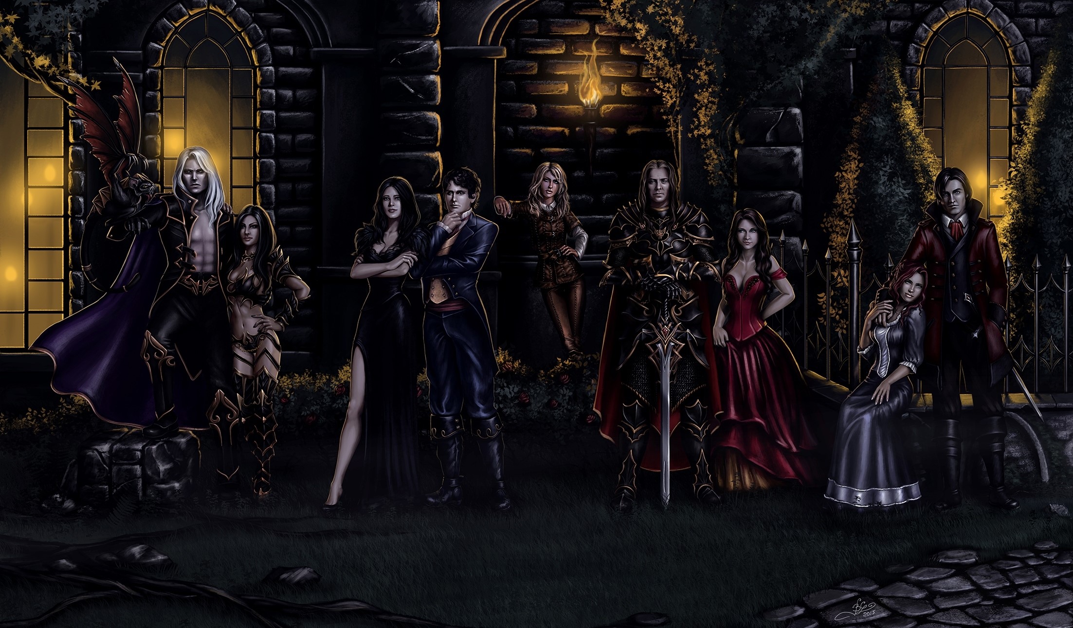 Vampire group with swords in front of a castle HD Wallpaper