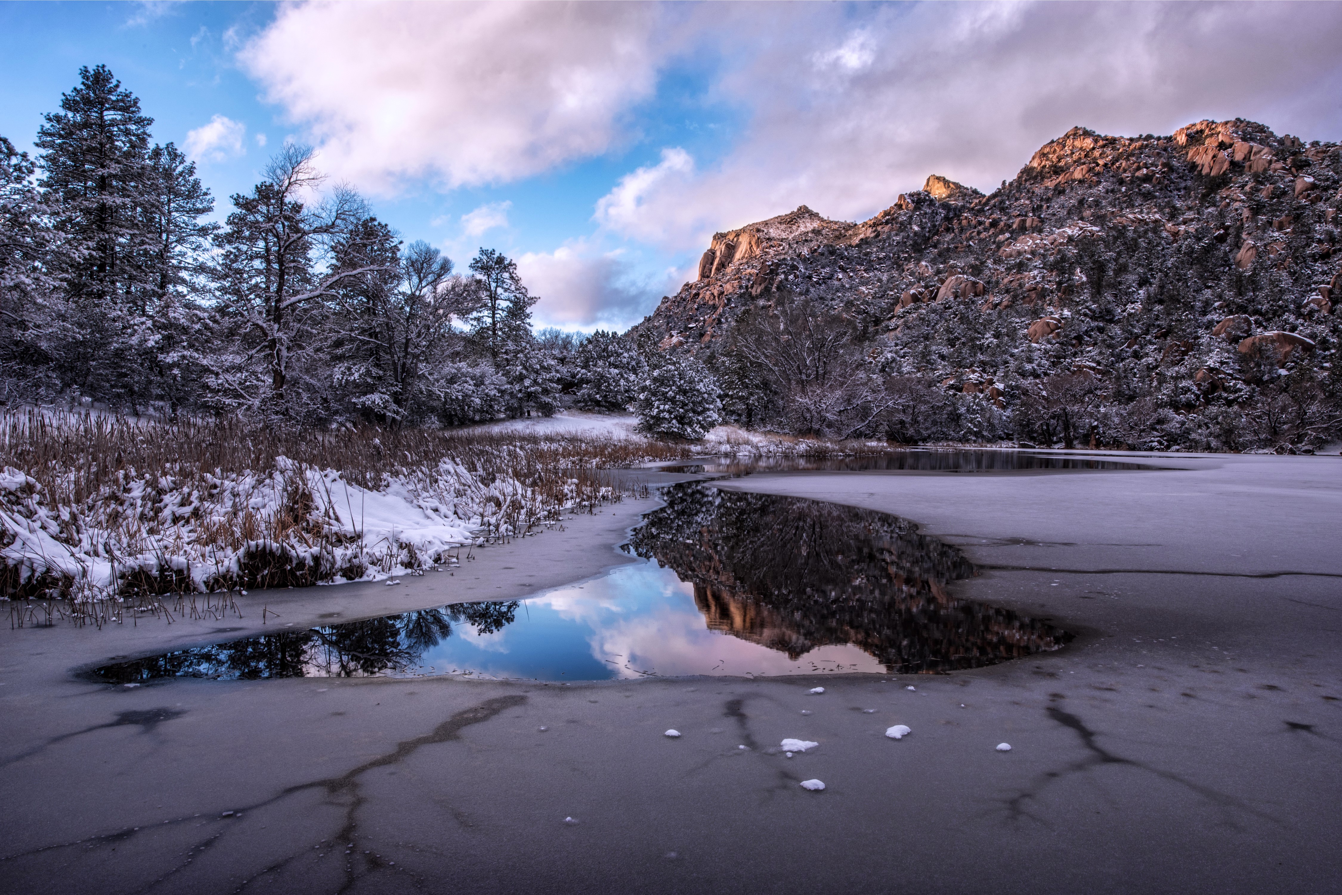 Winter Landscape with Mountains and Frozen Lake in Prescott, Arizona HD Wallpaper