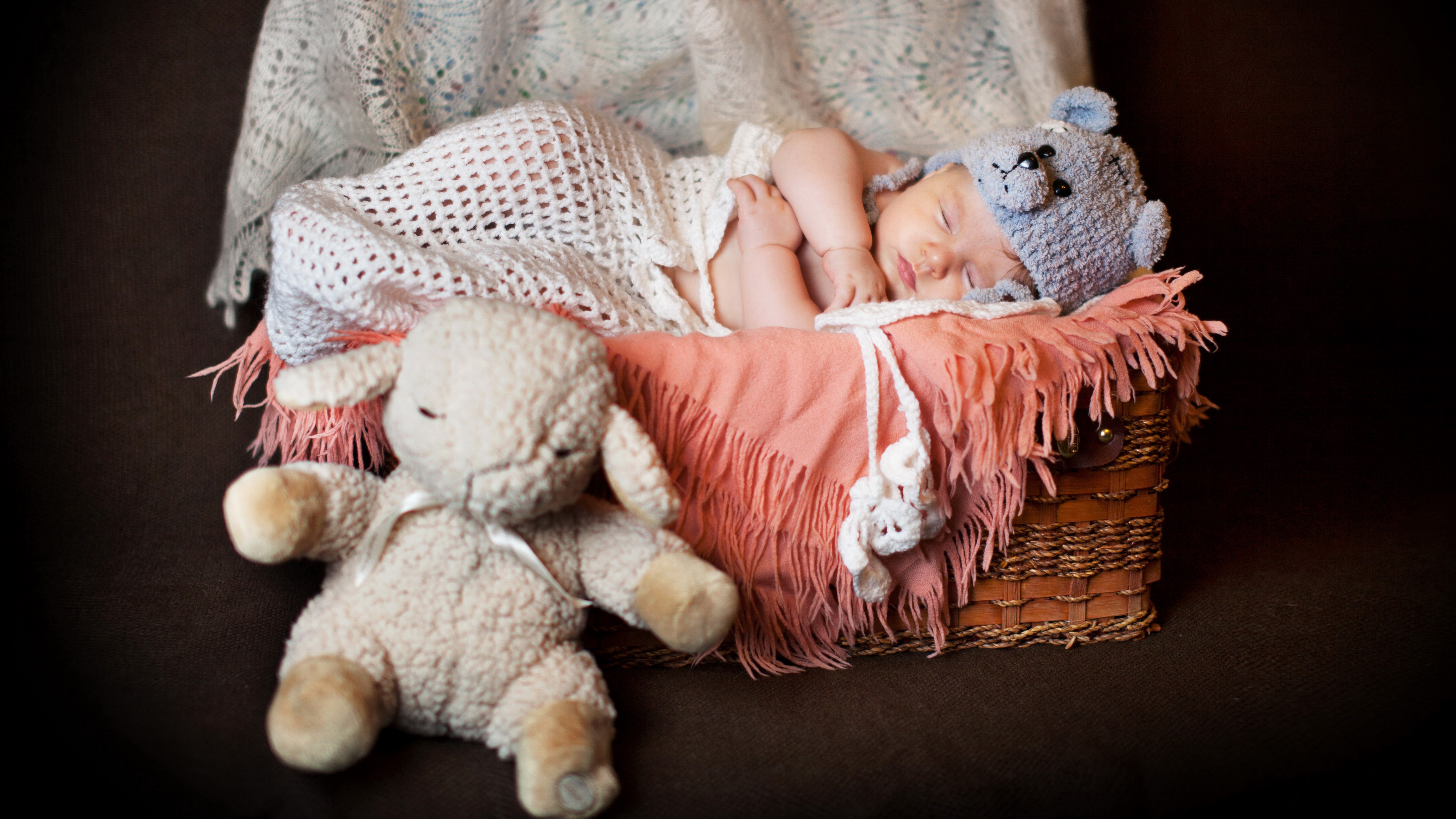 Baby sleeping in a basket with toys HD Wallpaper