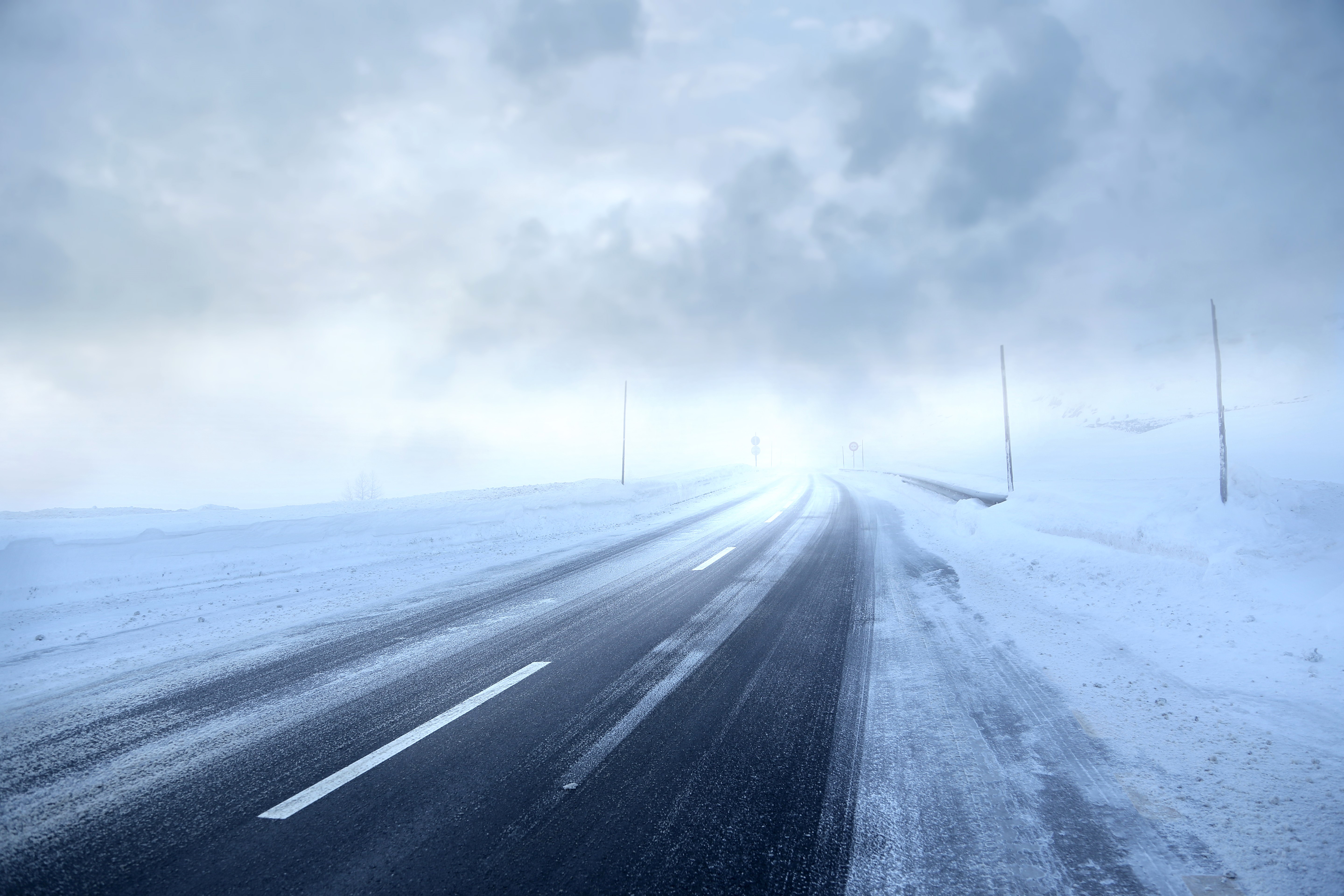 Road in Winter Snow with Fog HD Wallpaper
