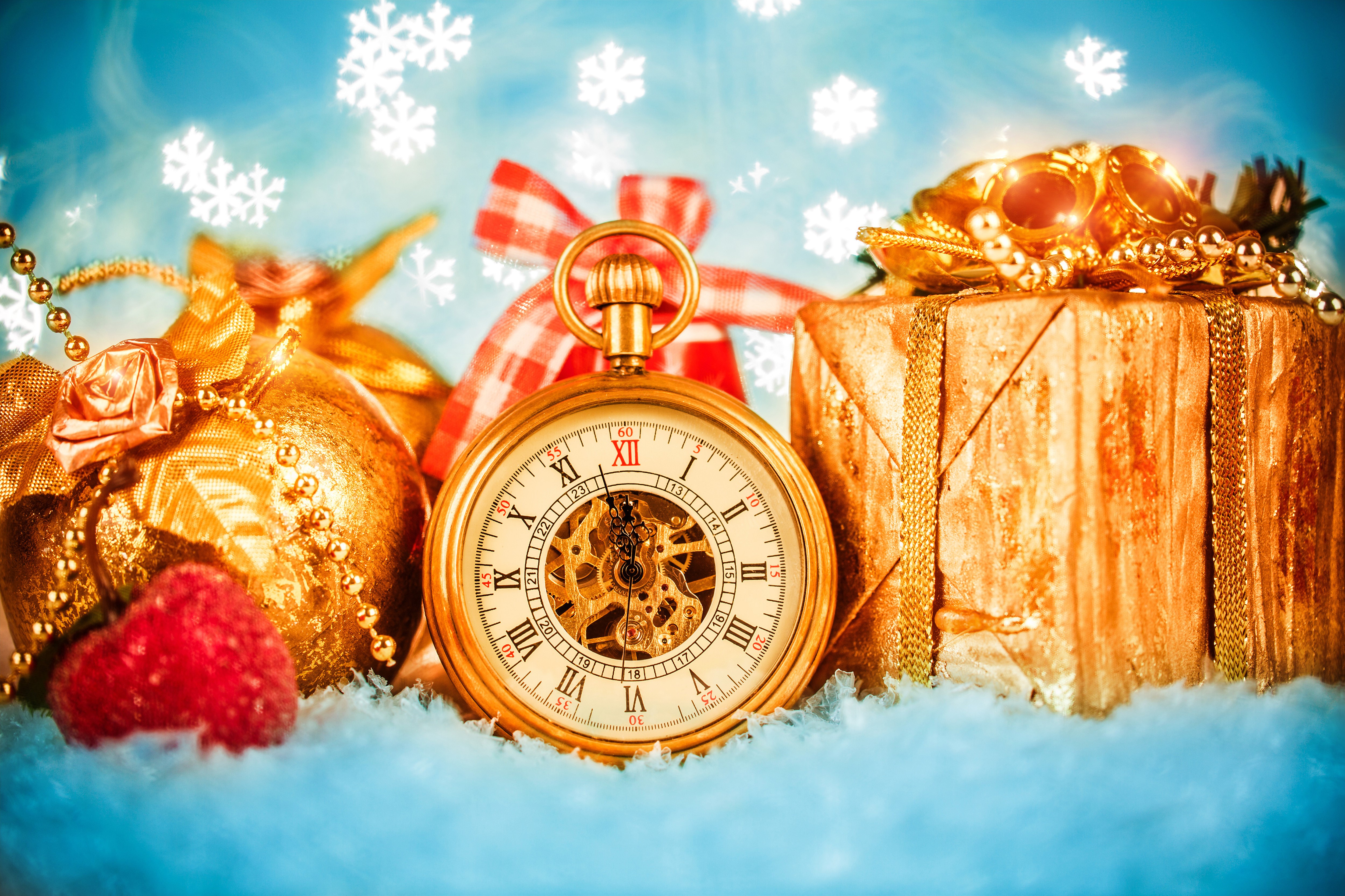 Pocket watch with Christmas gifts and snowflakes HD Wallpaper