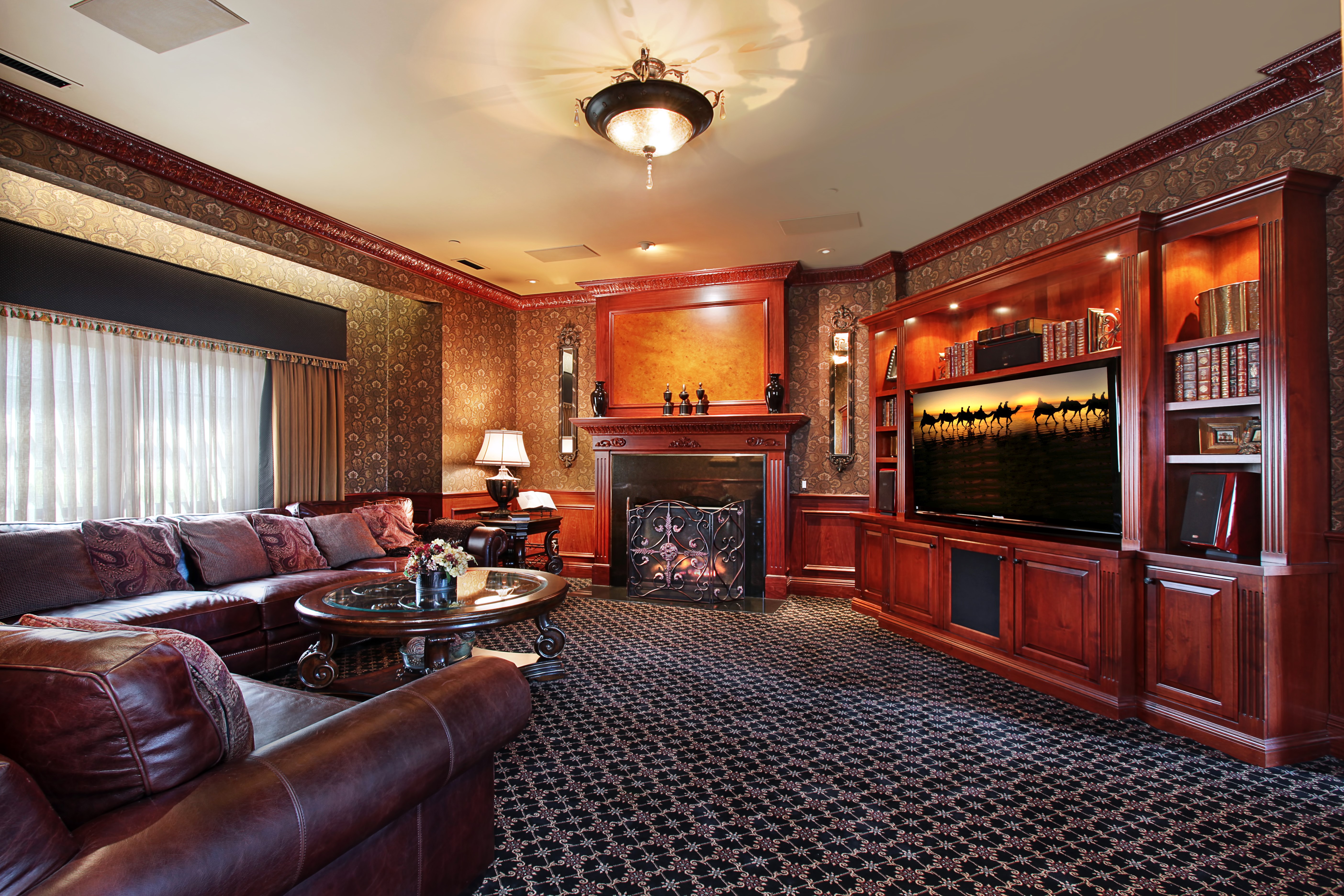 Luxury Living Room with Fireplace and Entertainment Center HD Wallpaper