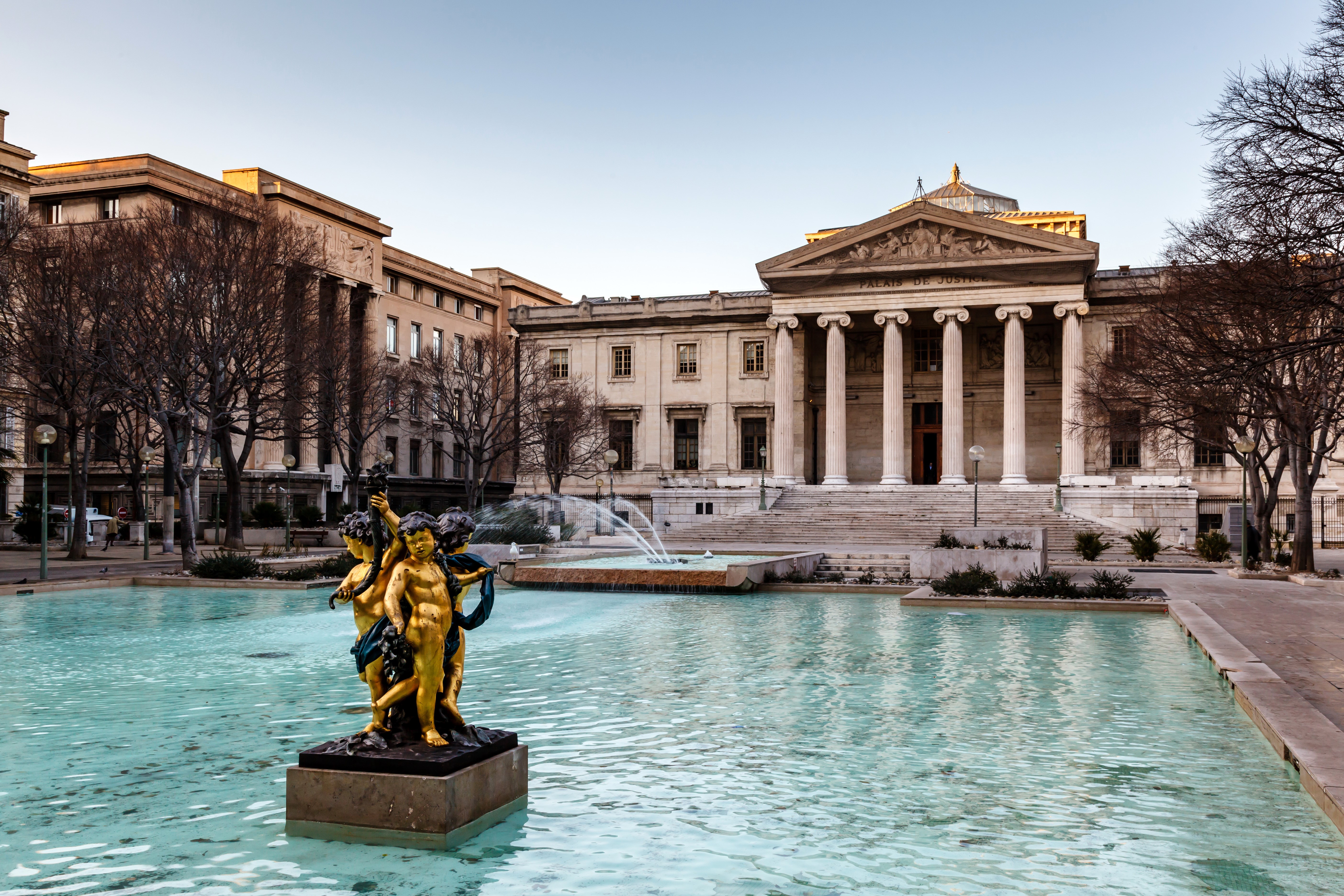 Palace of Justice with Fountain and Sculpture, Marseille, France HD Wallpaper