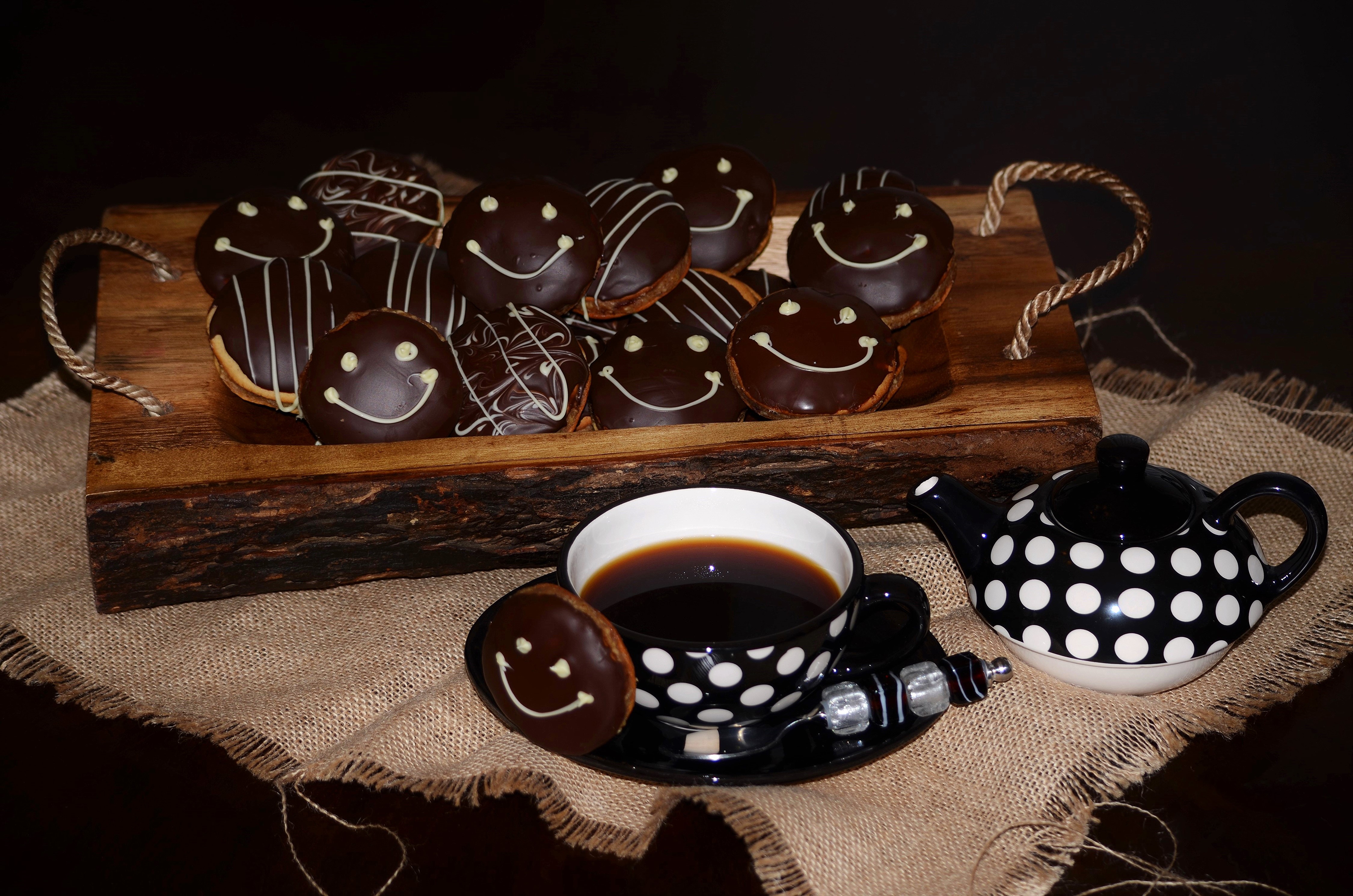 Chocolate cookies with smiley faces and coffee HD Wallpaper