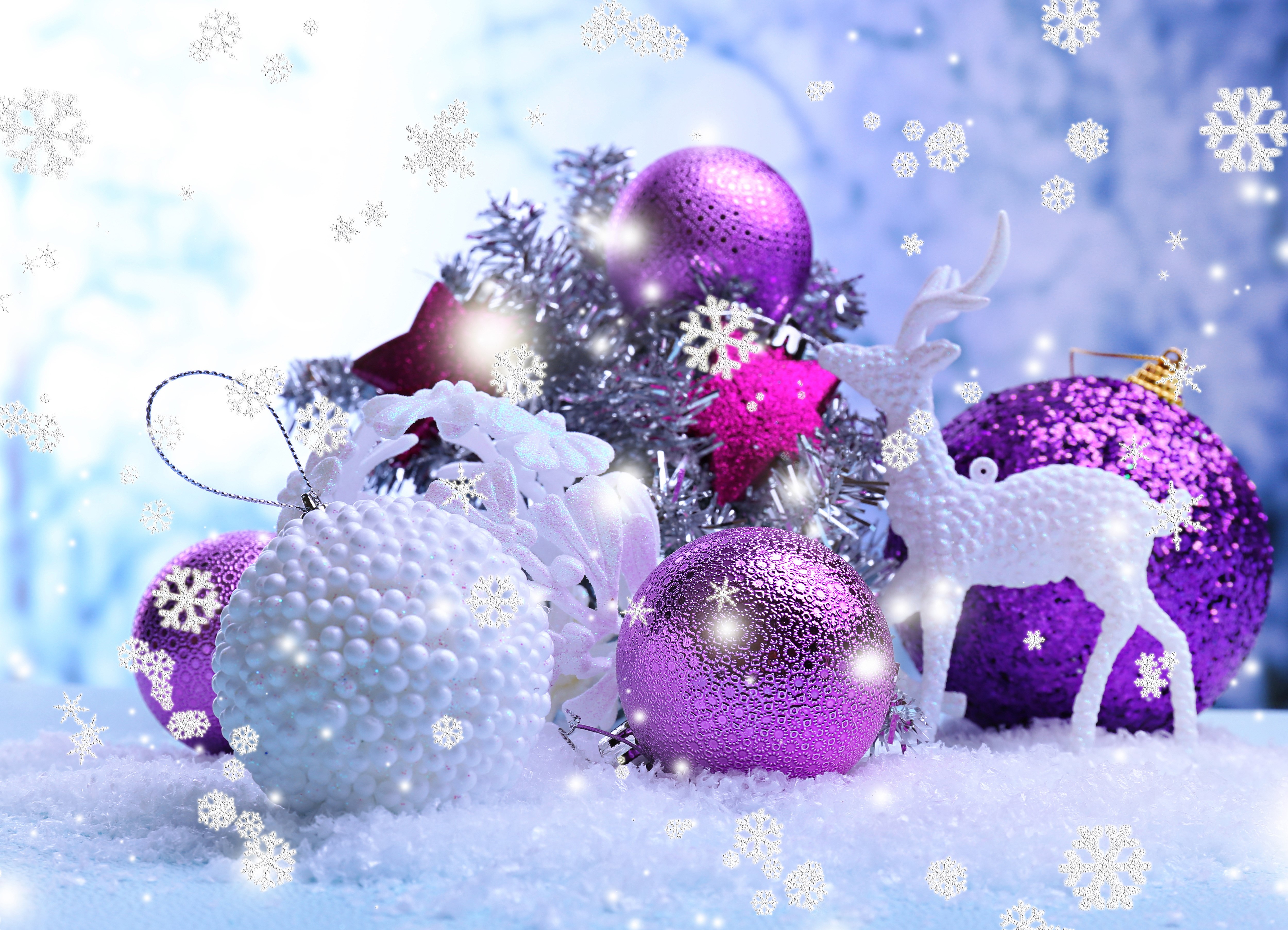 Christmas ornaments with deer and snowflakes HD Wallpaper
