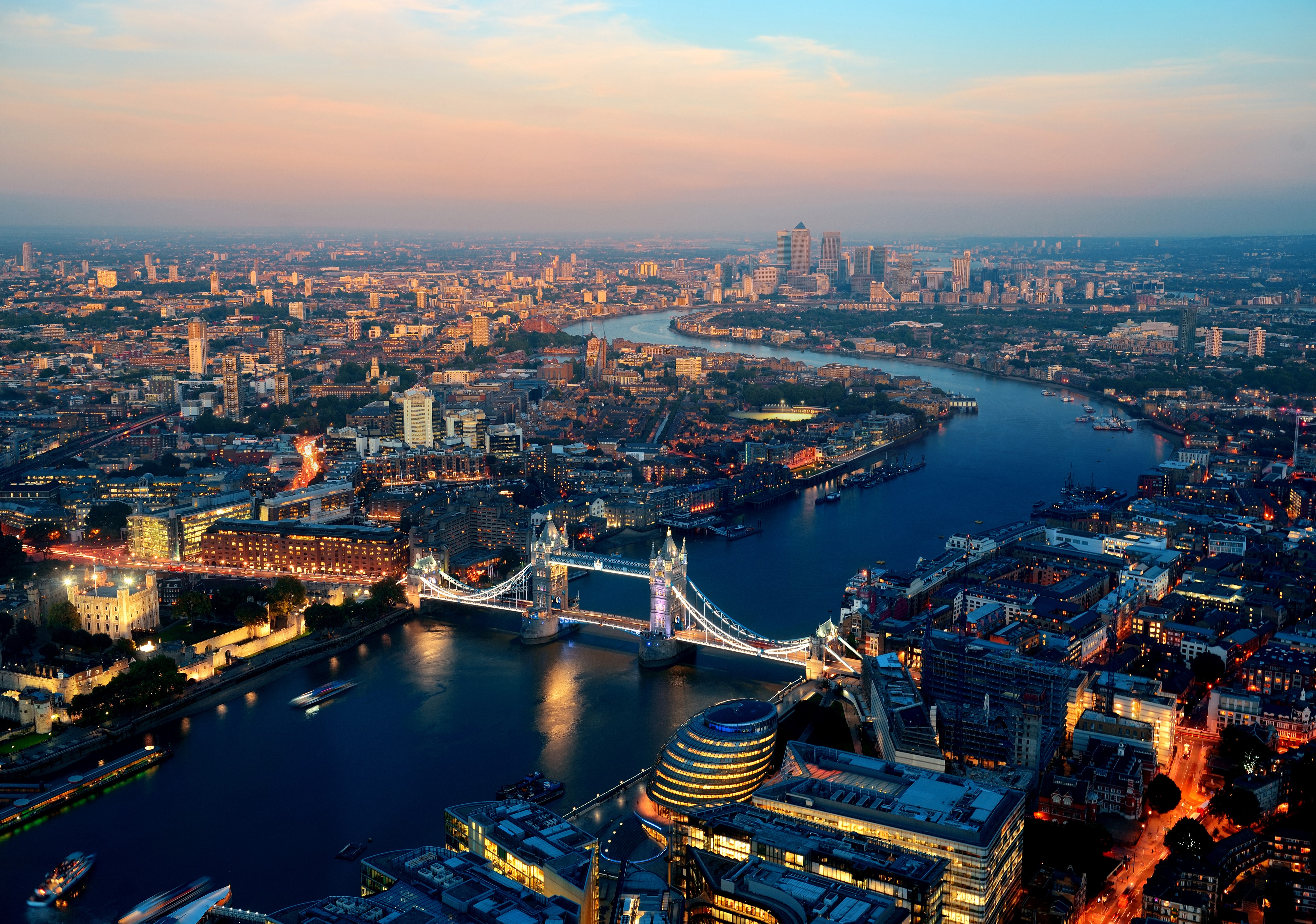 Aerial view of London with Tower Bridge at sunset HD Wallpaper