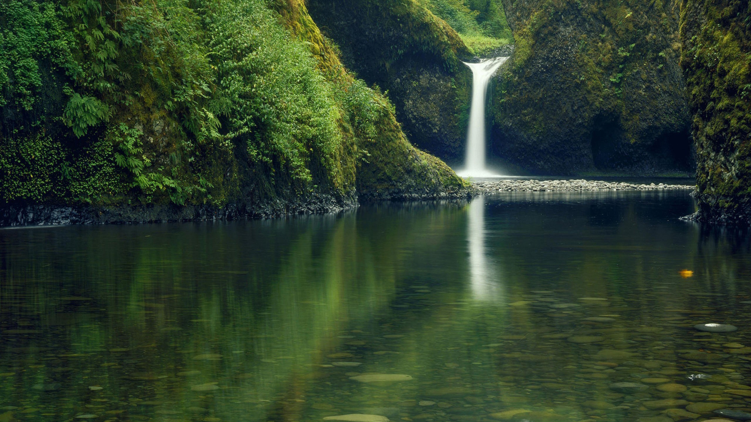 Waterfall cascading into a clear river in a mossy gorge HD Wallpaper