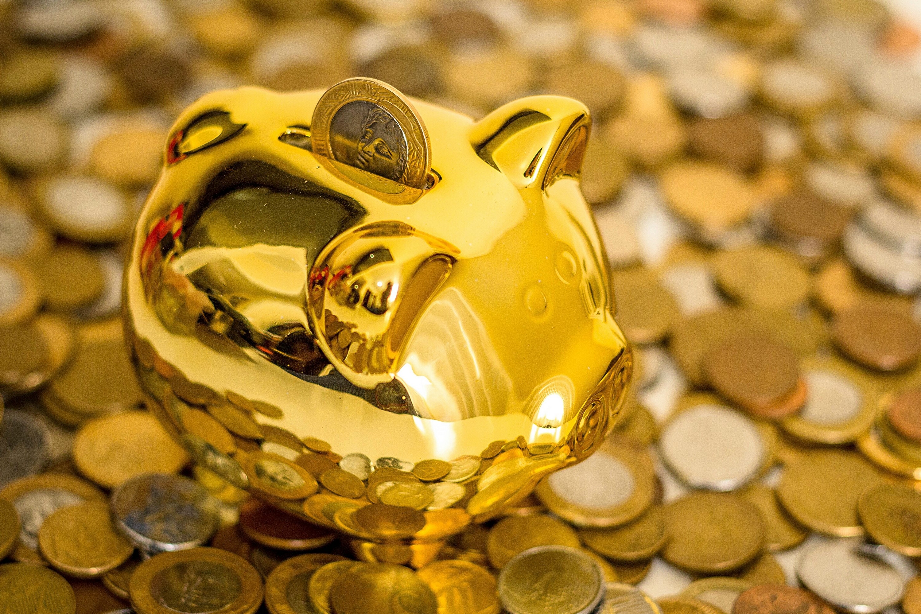 Golden piggy bank with coins HD Wallpaper