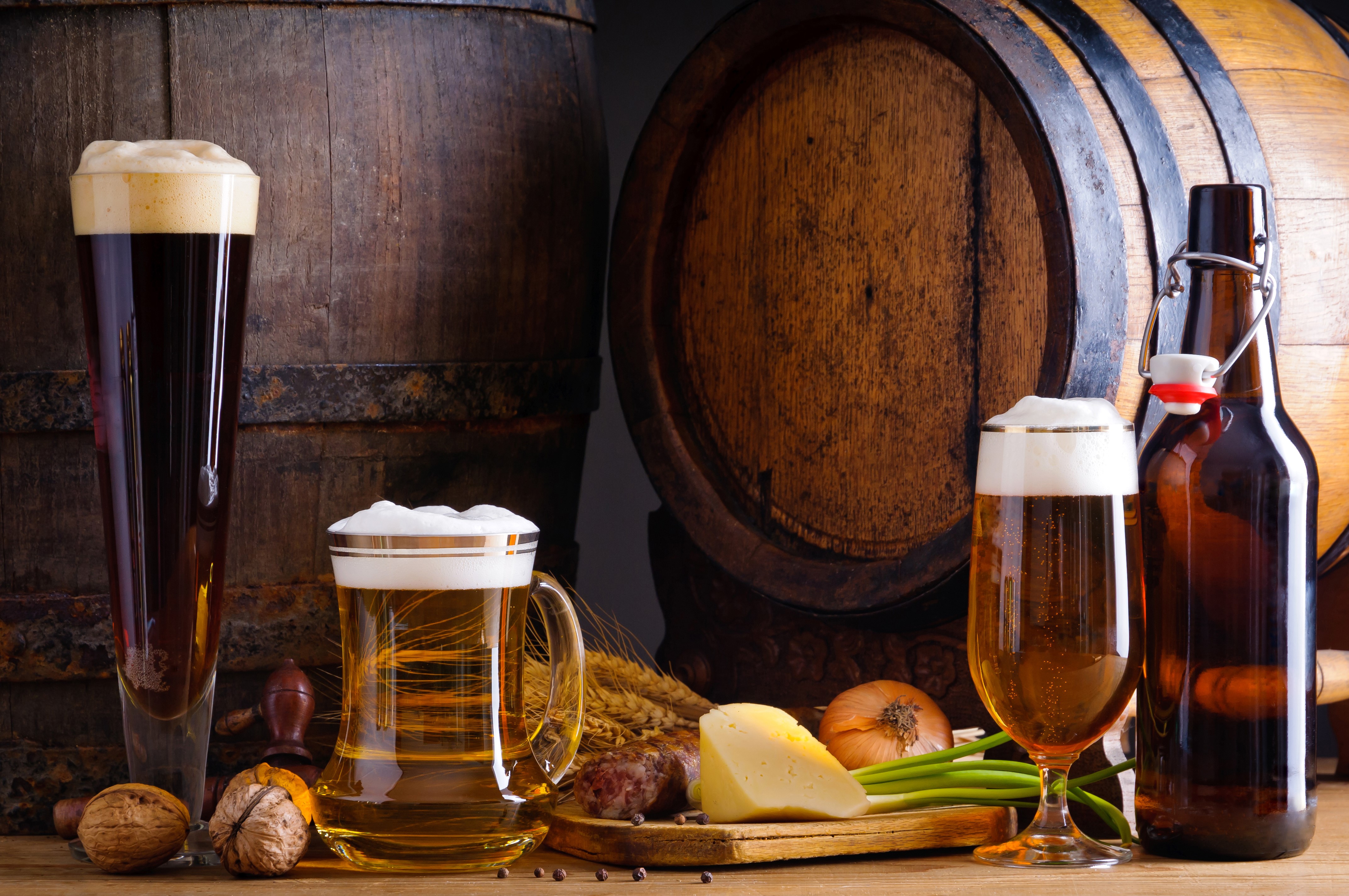 Beer and Barrels with Snacks HD Wallpaper