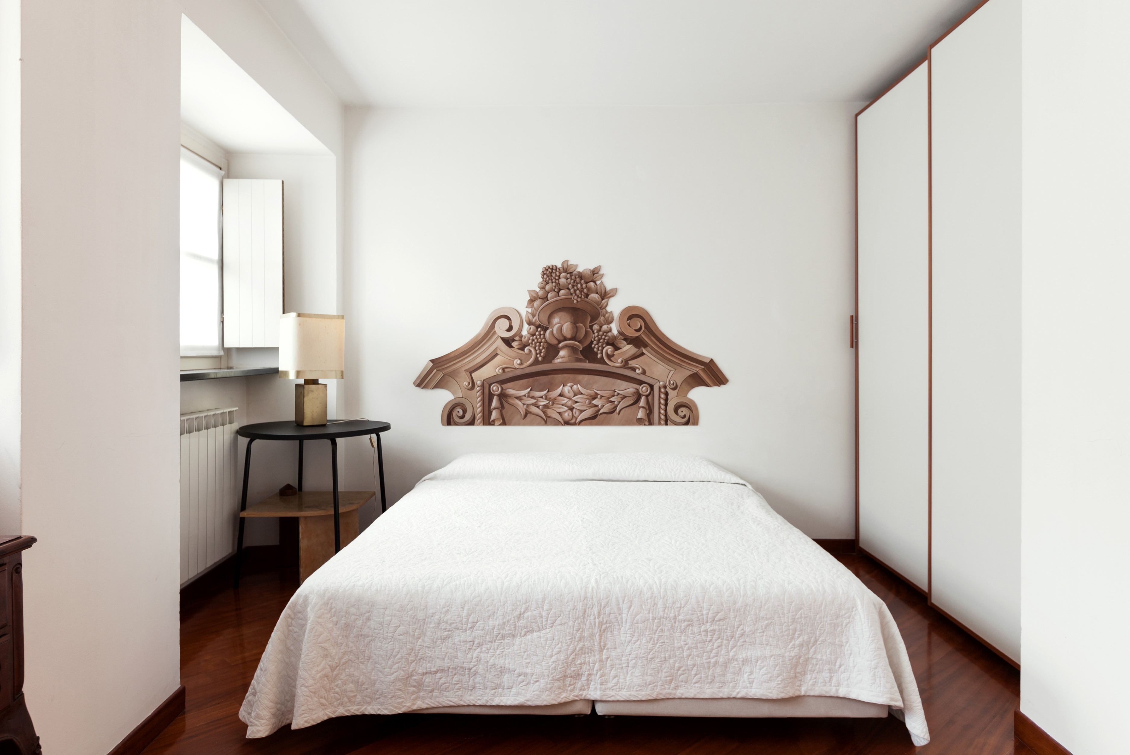 Bedroom with bed and ornate headboard decal HD Wallpaper