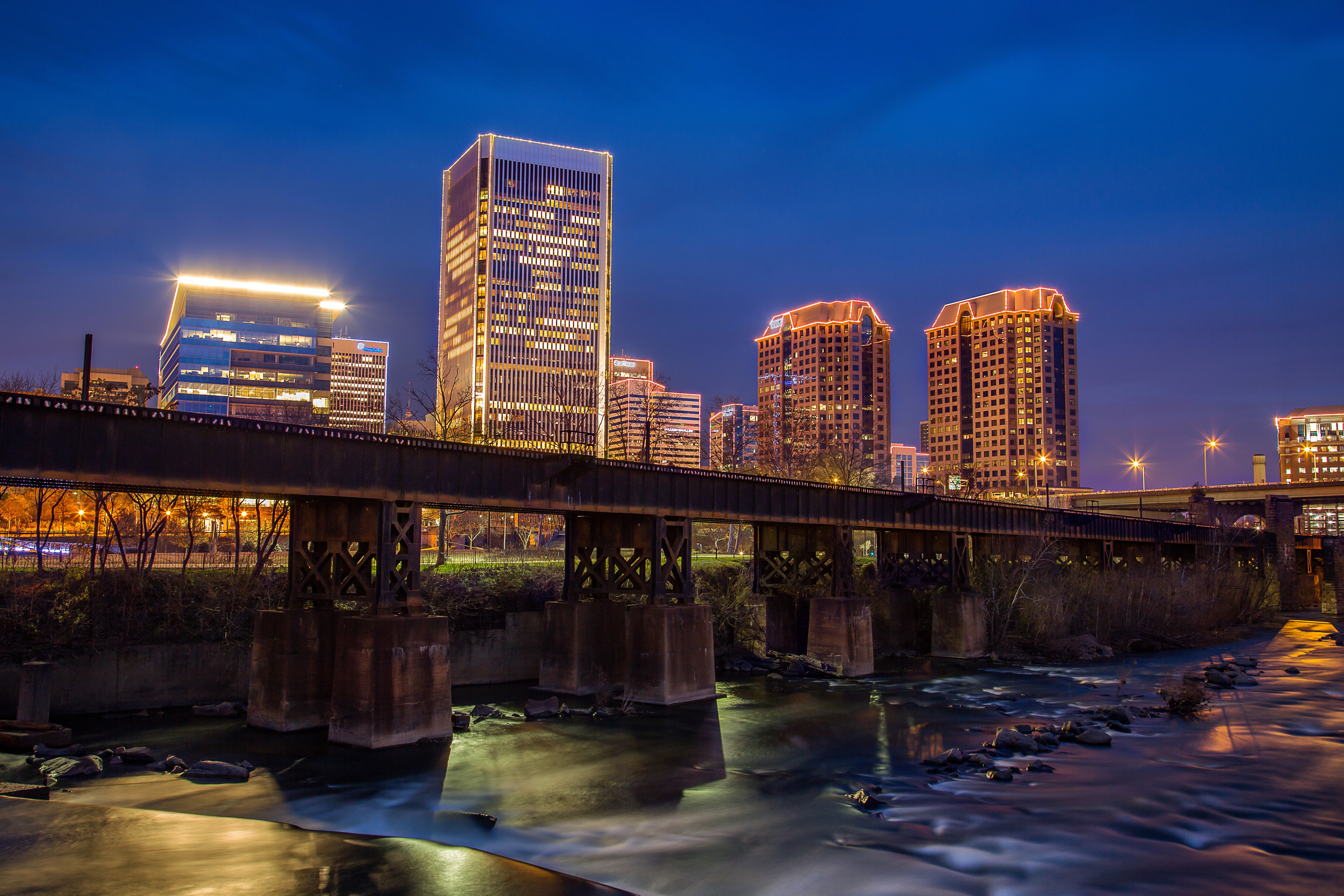 Richmond Skyline with James River and Train Bridge at Night HD Wallpaper