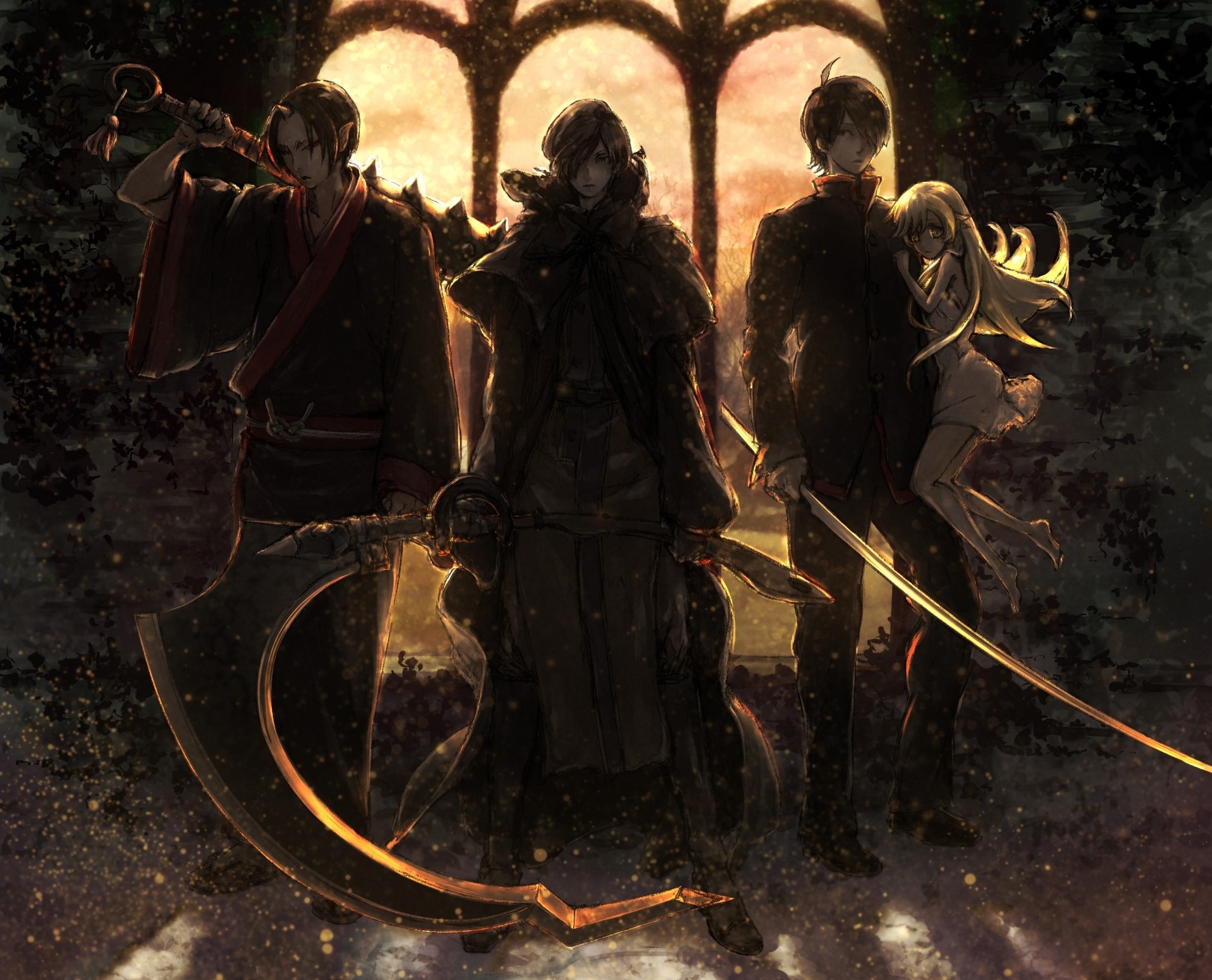 Four characters with weapons in front of a stained glass window HD Wallpaper