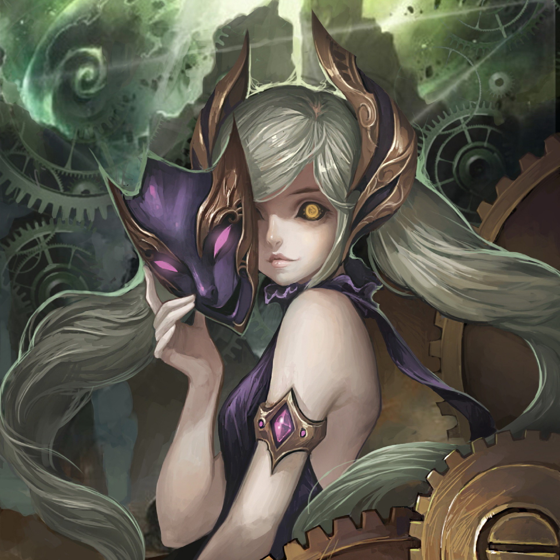 Girl holding a mask with gears in the background HD Wallpaper