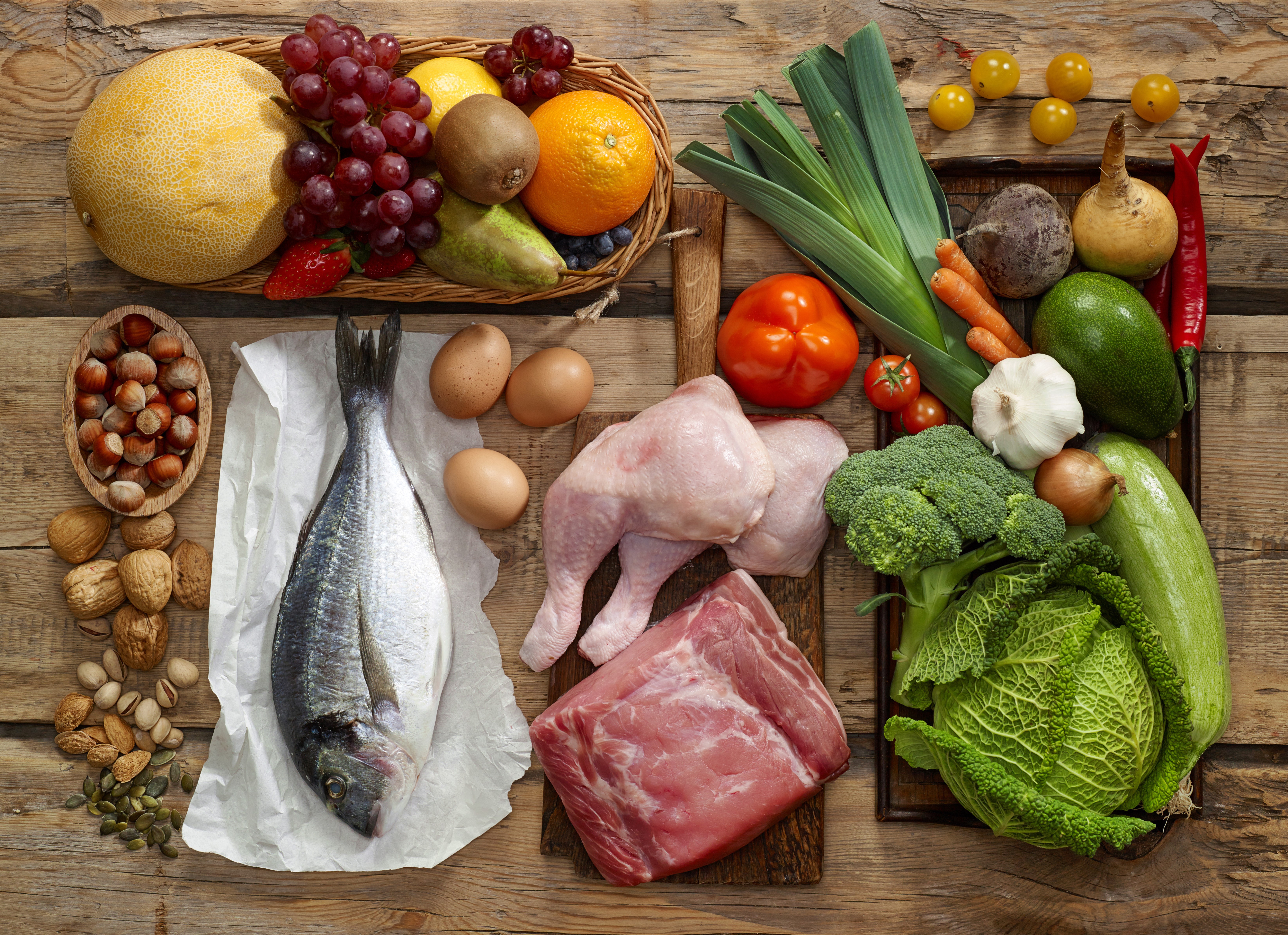 Assortment of Raw Foods: Meat, Fish, Fruits, Vegetables, Nuts, and Eggs HD Wallpaper