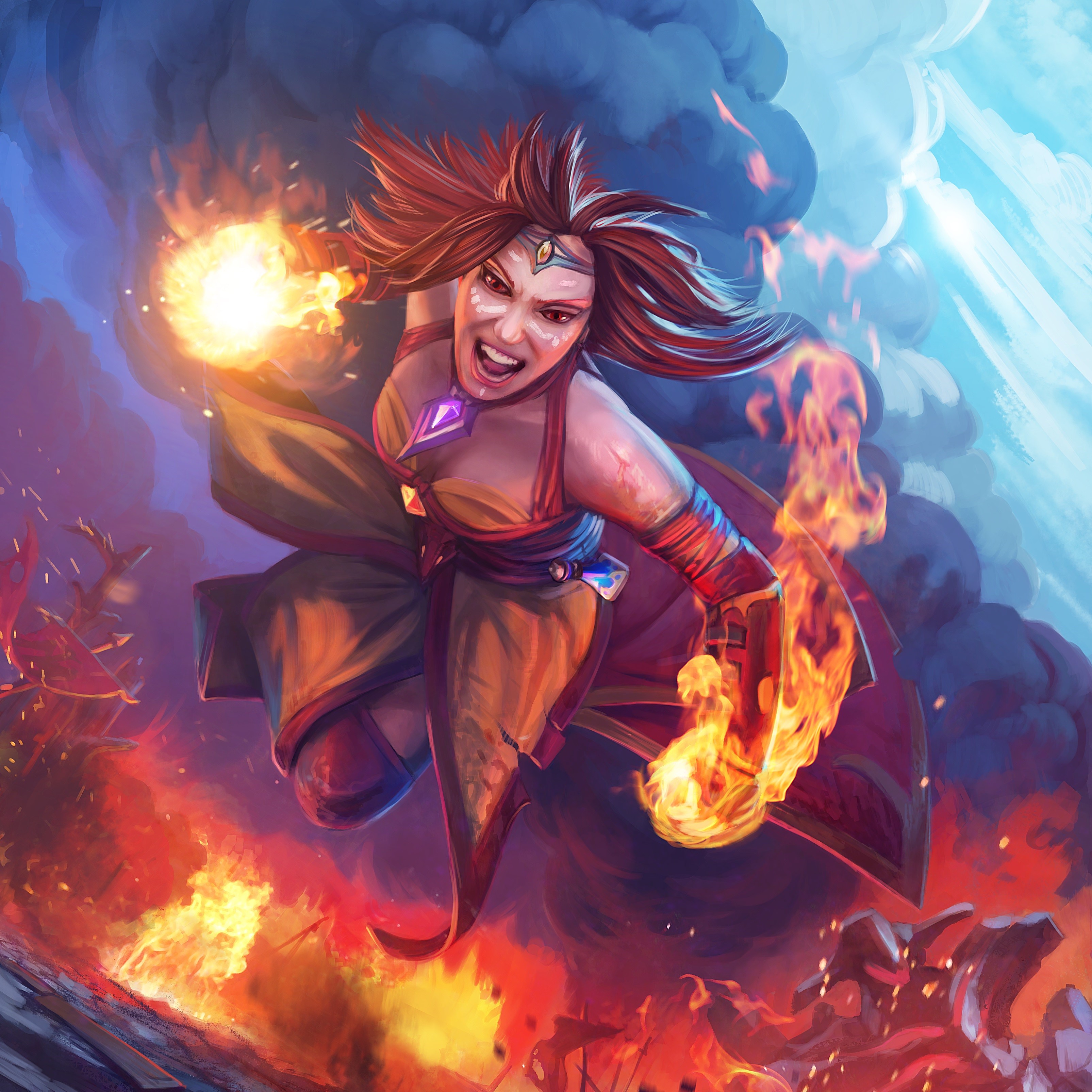 Lina from DOTA 2 casting fire spells HD Wallpaper